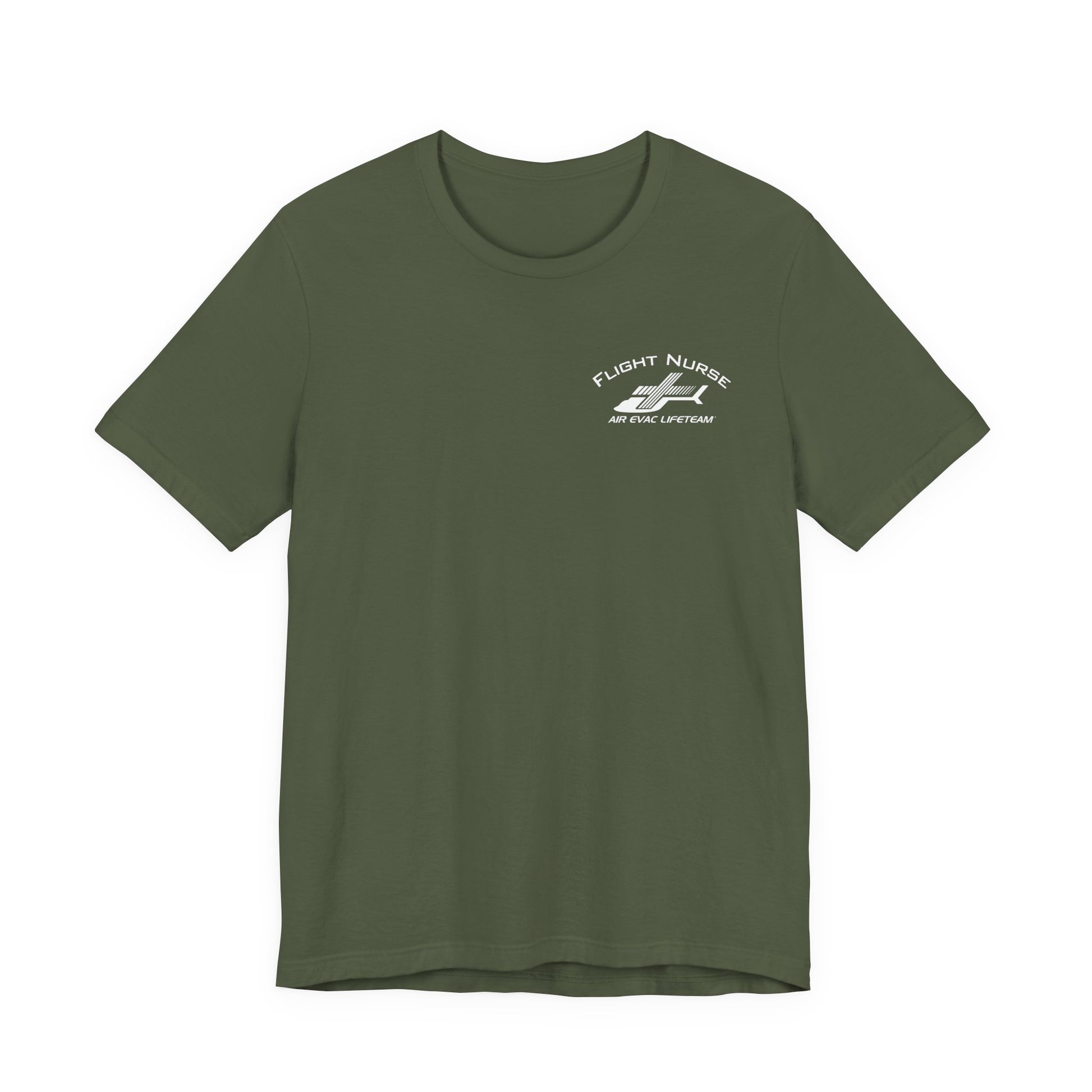 Green t-shirt with small 'Flight Nurse" text and Air Evac Lifeteam' logo on the left chest by Rotor Wash & Wear