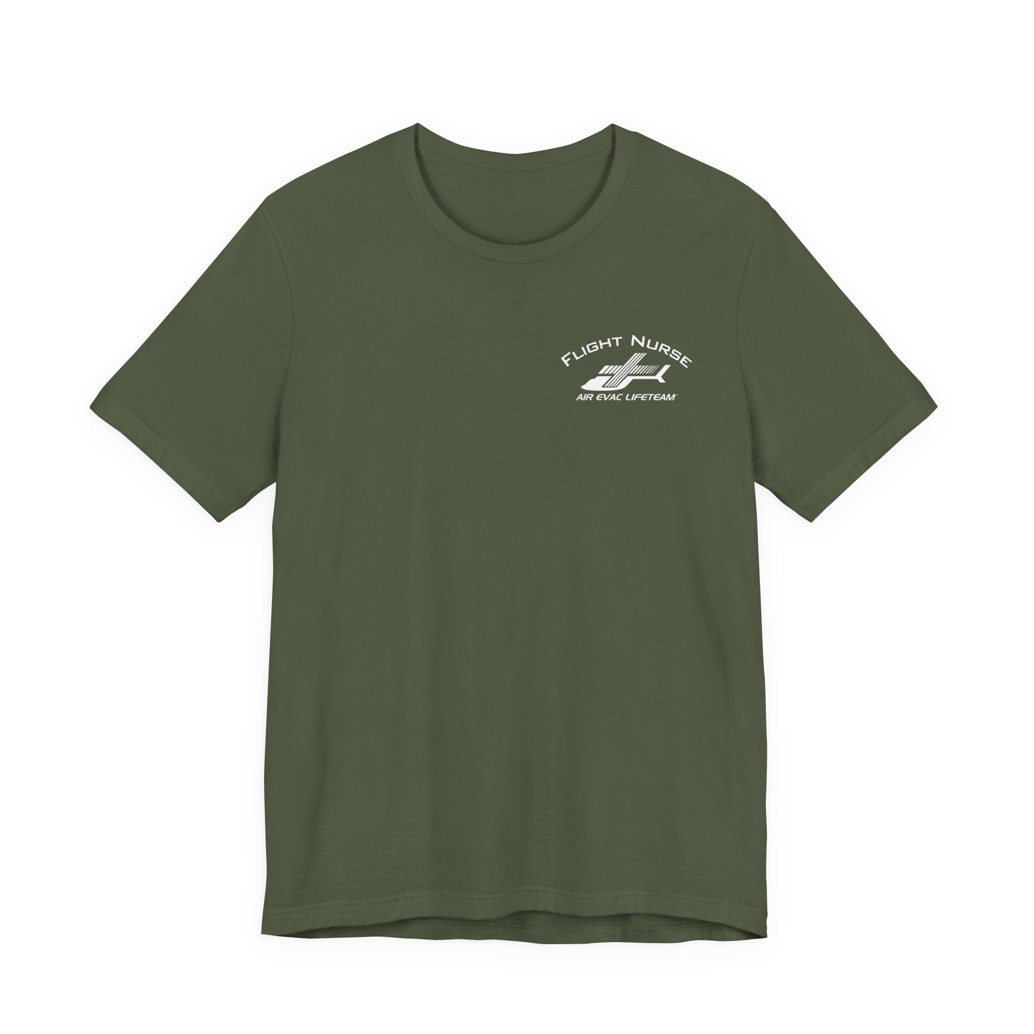 Green t-shirt with small 'Flight Nurse" text and Air Evac Lifeteam' logo on the left chest by Rotor Wash & Wear