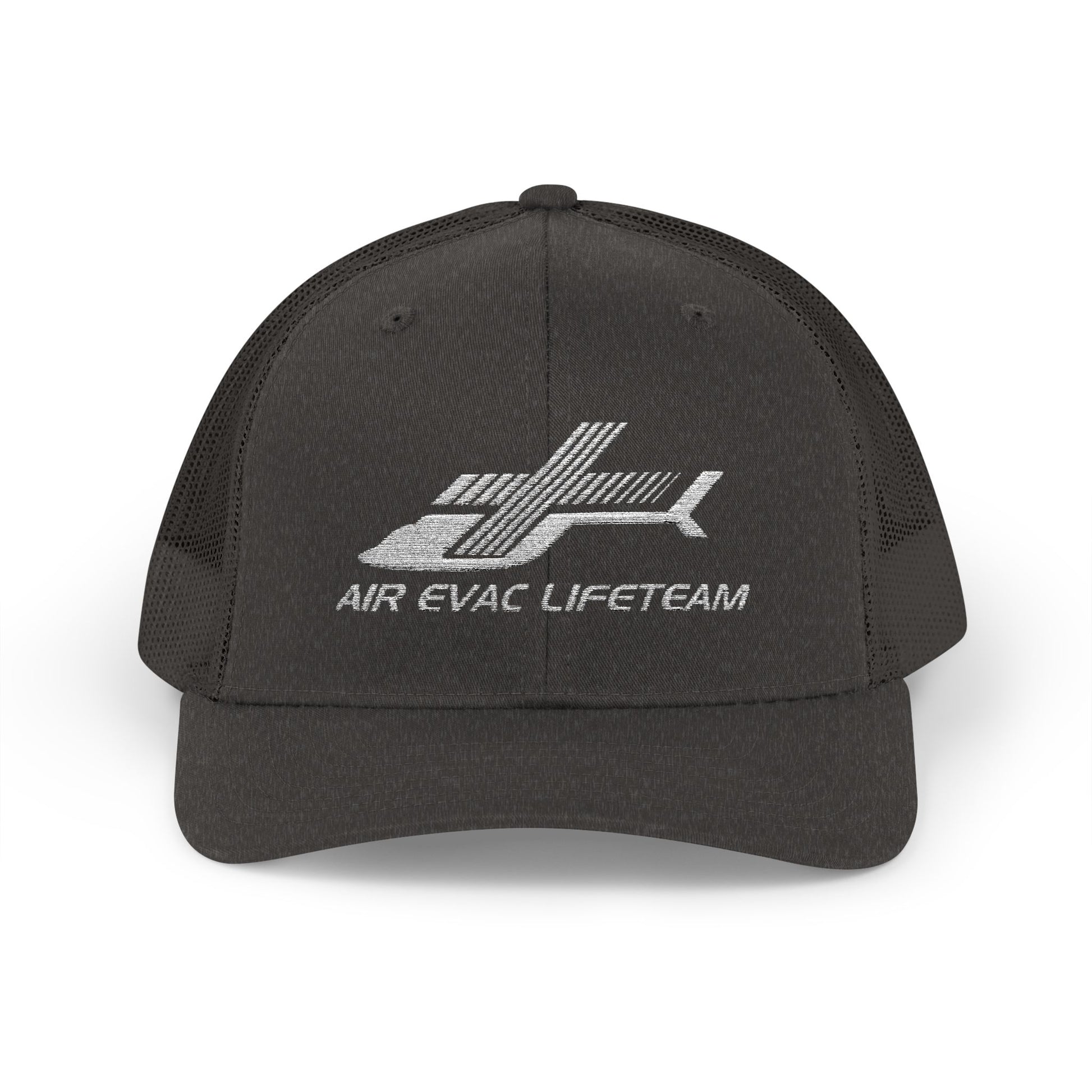 Heather gray trucker hat with 'Air Evac Lifeteam' embroidered logo on a white background