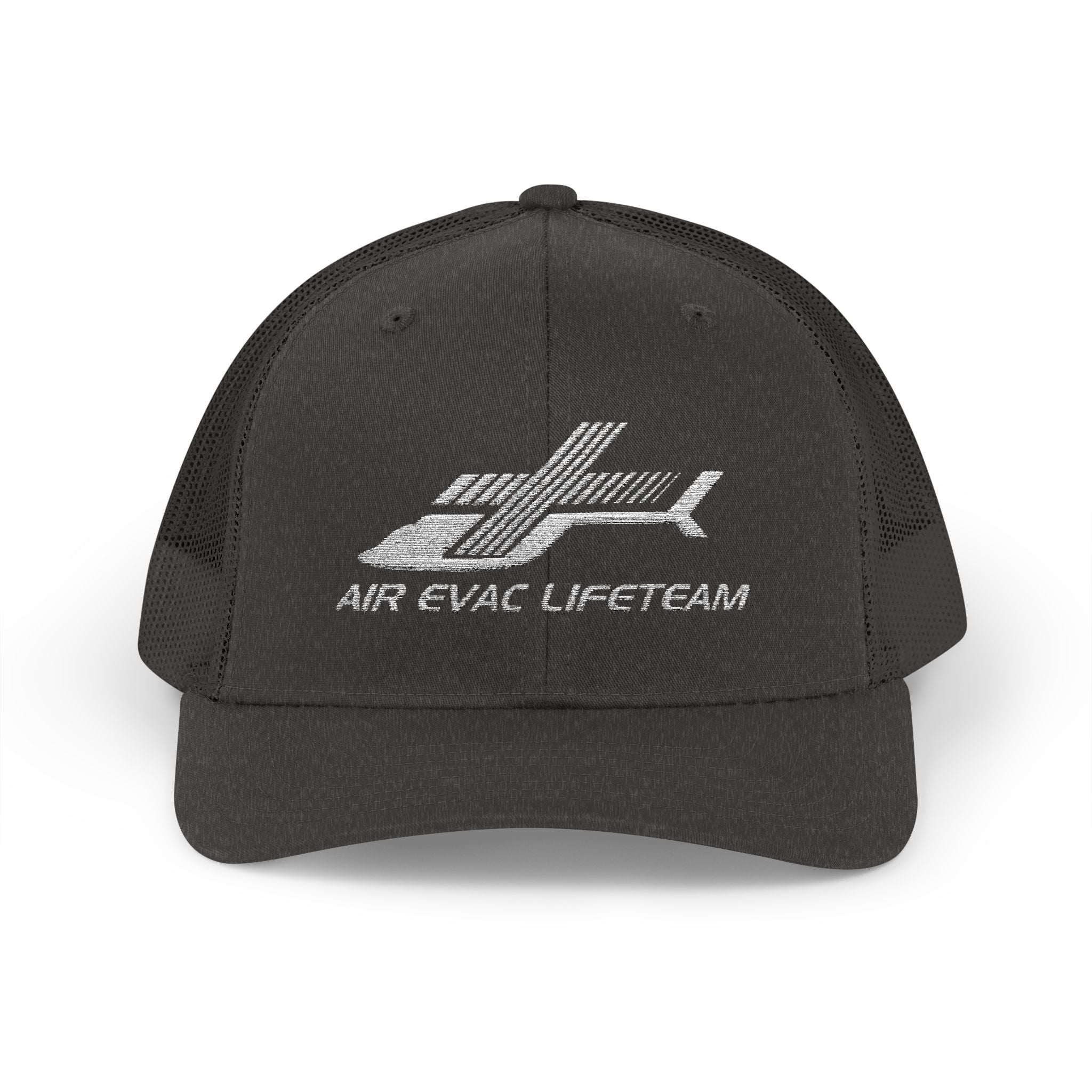 Heather gray trucker hat with 'Air Evac Lifeteam' embroidered logo on a white background