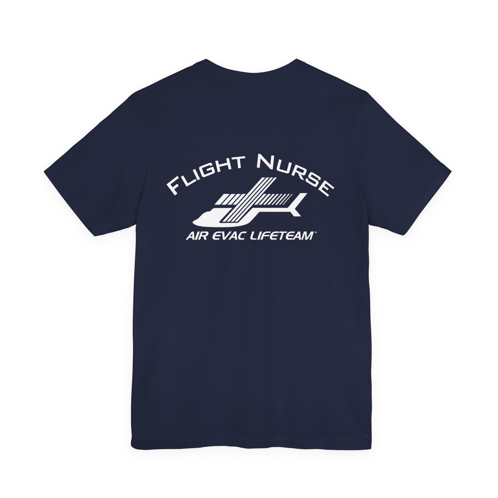 Navy blue t-shirt with 'Flight Nurse" text and Air Evac Lifeteam' logo on the back by Rotor Wash & Wear
