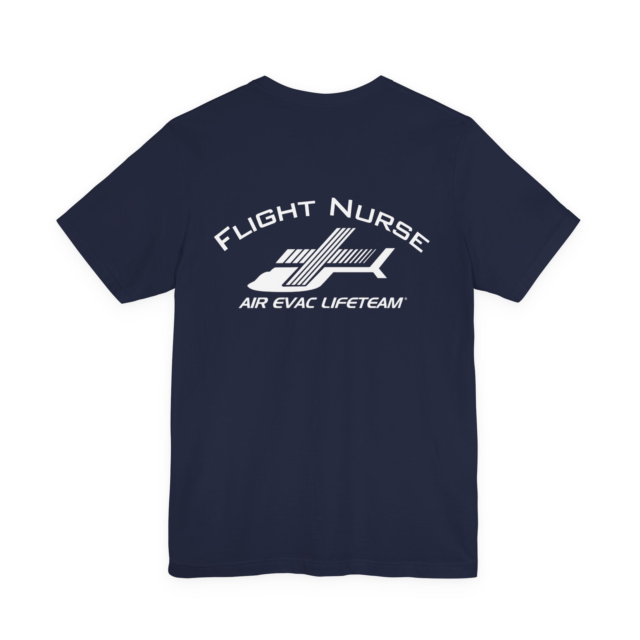 Navy blue t-shirt with 'Flight Nurse" text and Air Evac Lifeteam' logo on the back by Rotor Wash & Wear