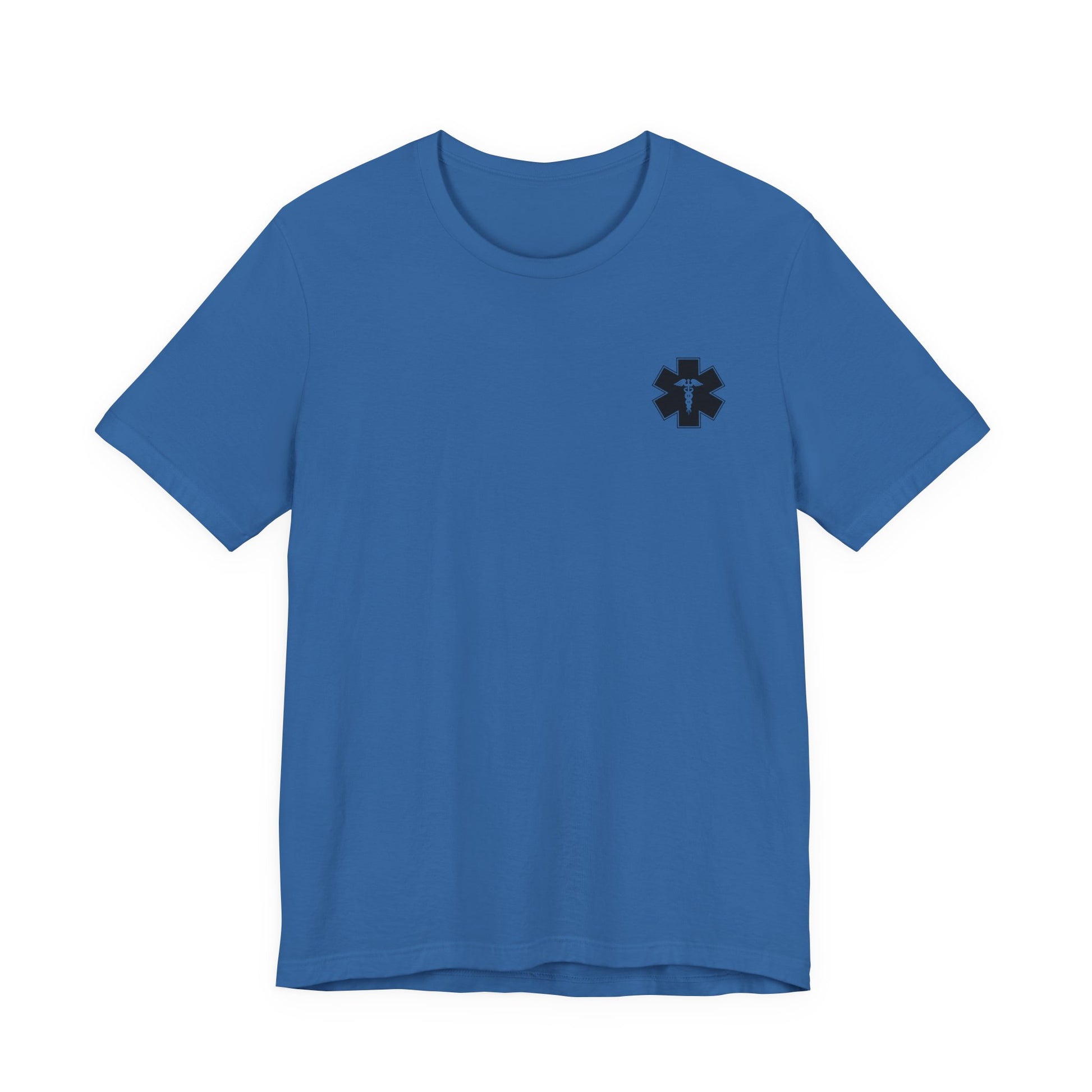 Blue t-shirt with a black logo of the Star of Life on a white background