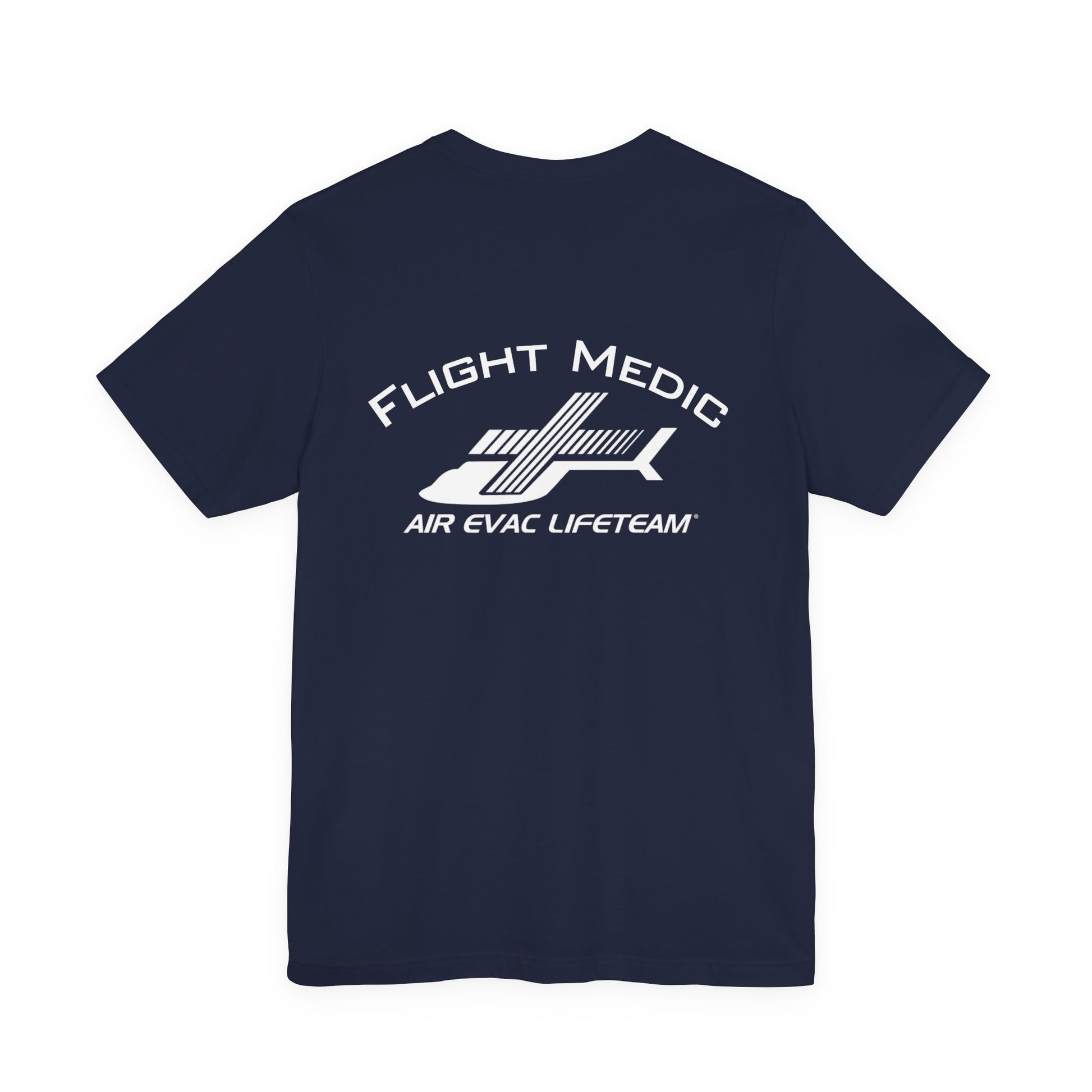 Navy blue t-shirt with 'Flight Medic" text and Air Evac Lifeteam' logo on the back by Rotor Wash & Wear