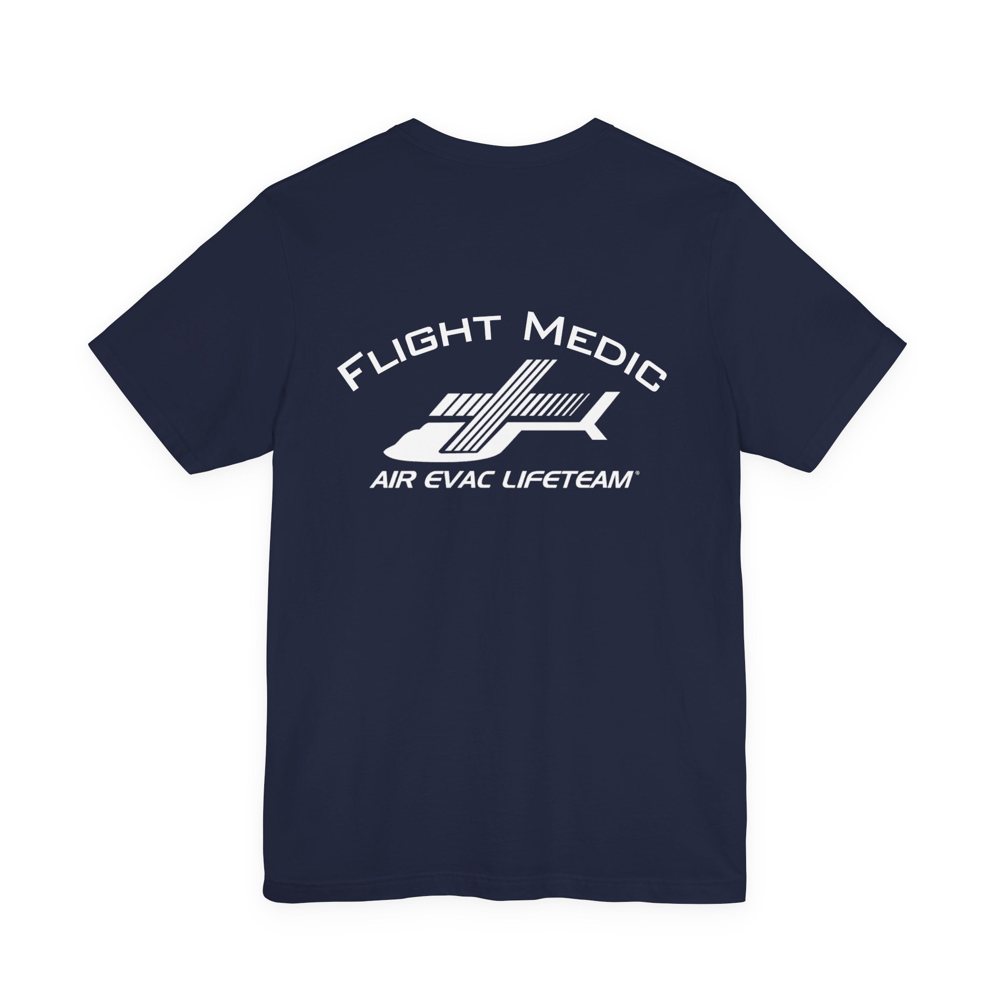 Navy blue t-shirt with 'Flight Medic" text and Air Evac Lifeteam' logo on the back by Rotor Wash & Wear