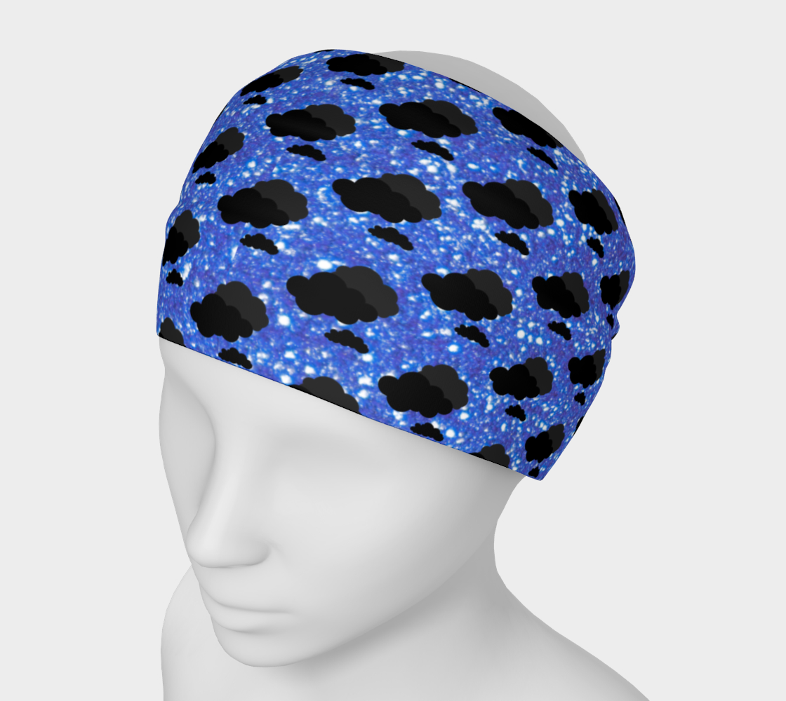 Blue sparkly headband with black cloud pattern on a mannequin head against a white background