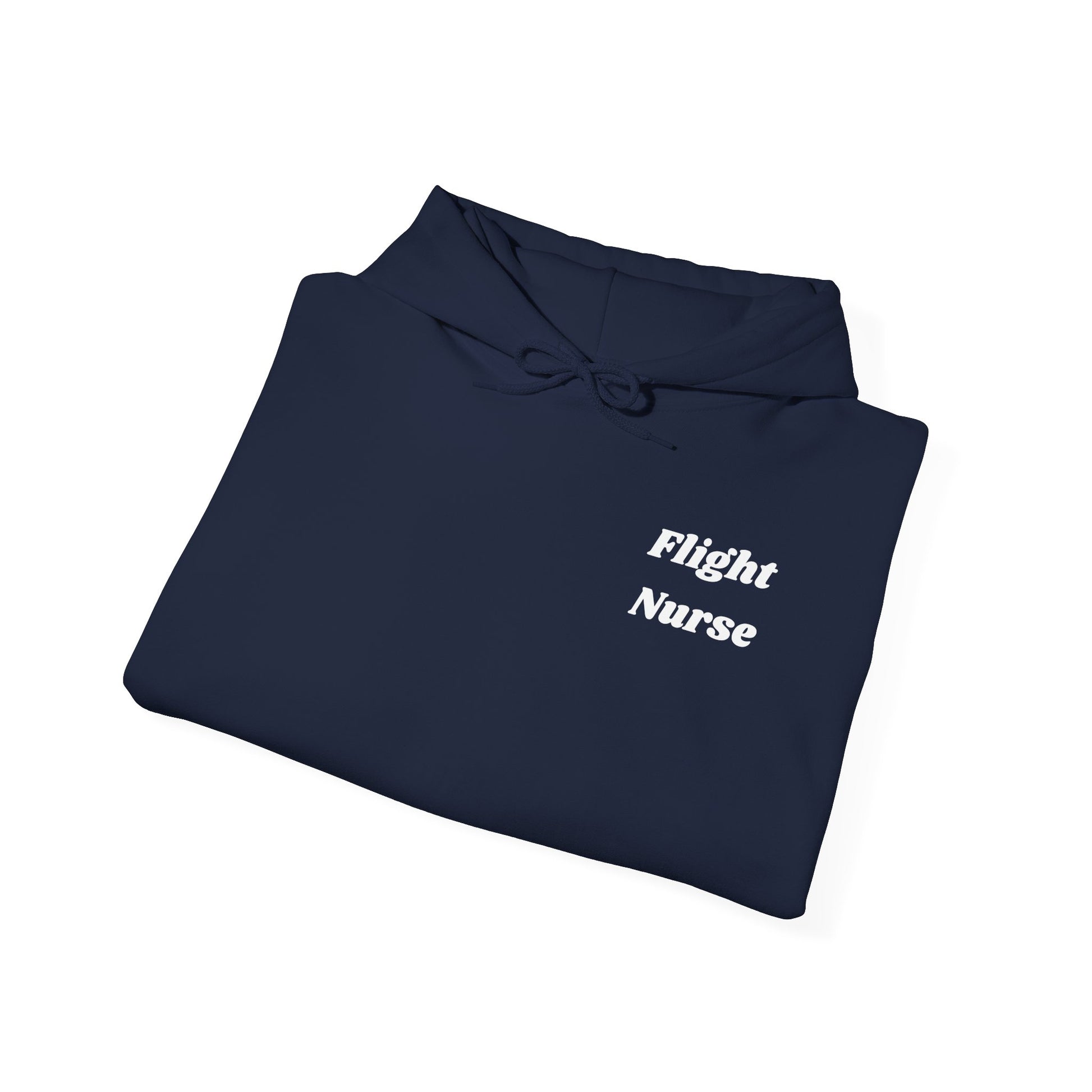 Navy blue hoodie with 'Flight Nurse' text on a white background