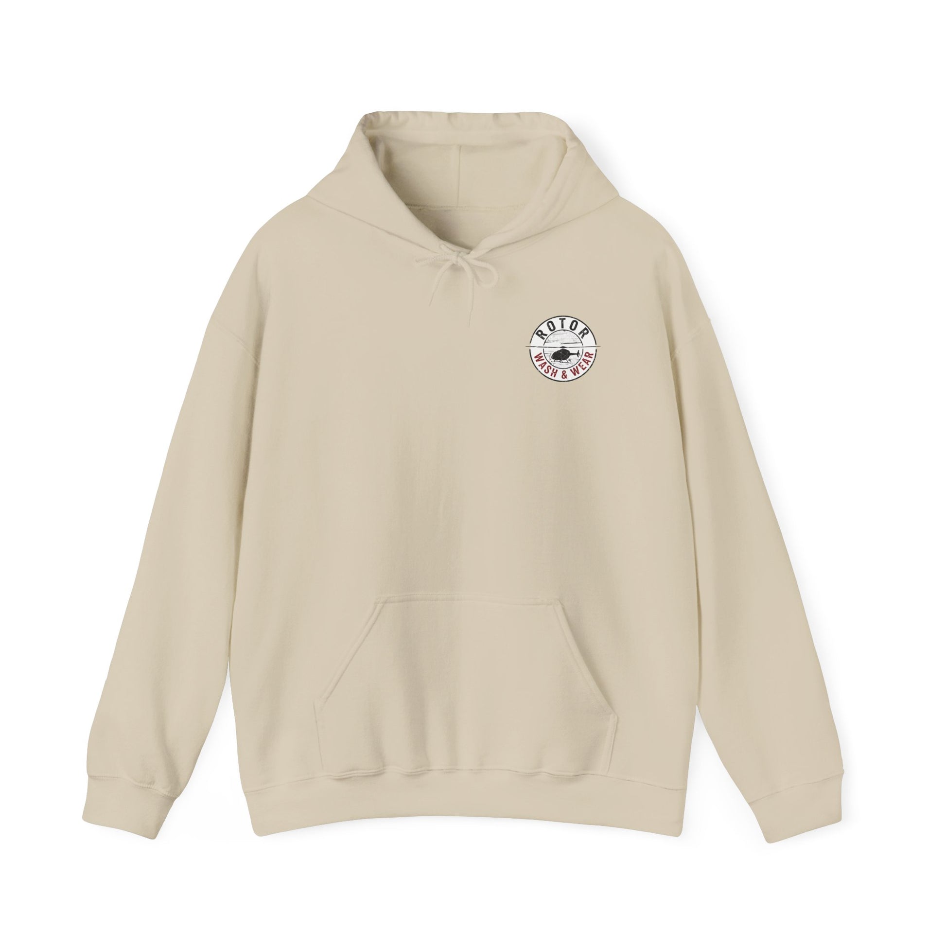 Beige hoodie with a Rotor Wash & Wear logo on the chest against a white background