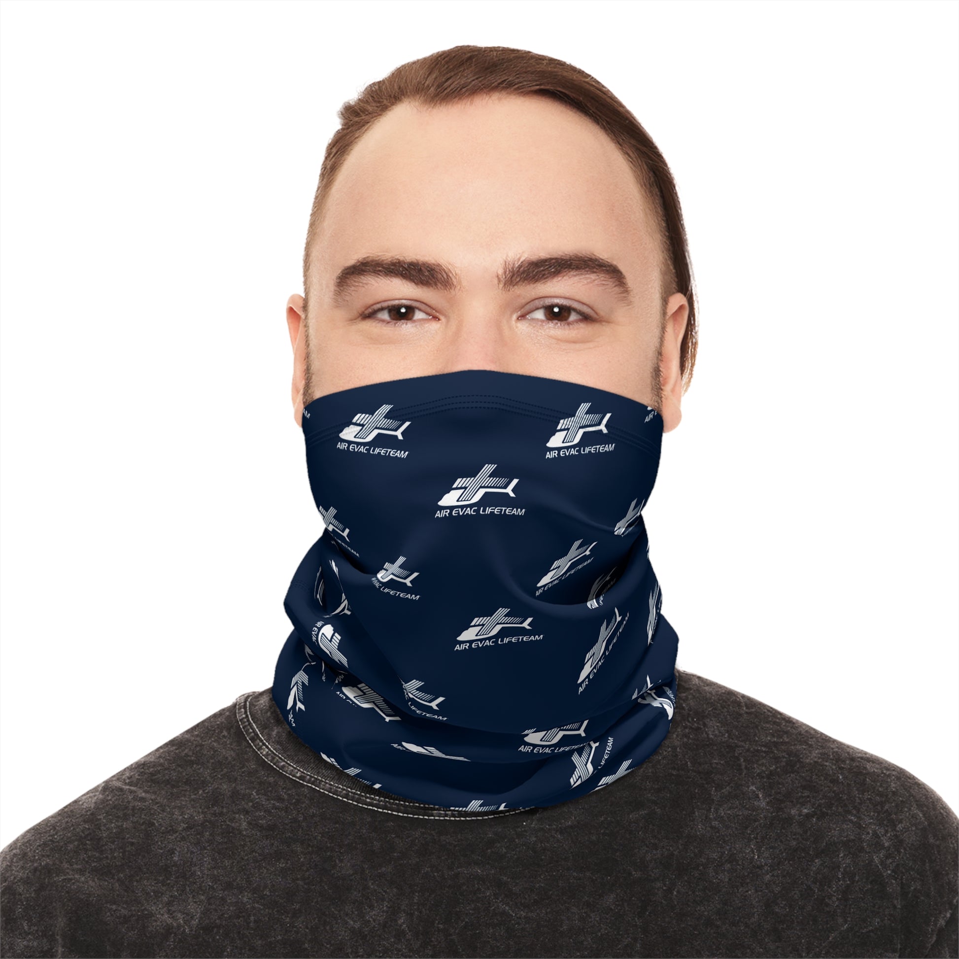 Person wearing a navy blue neck gaiter with white Air Evac Lifeteam logos on a white background