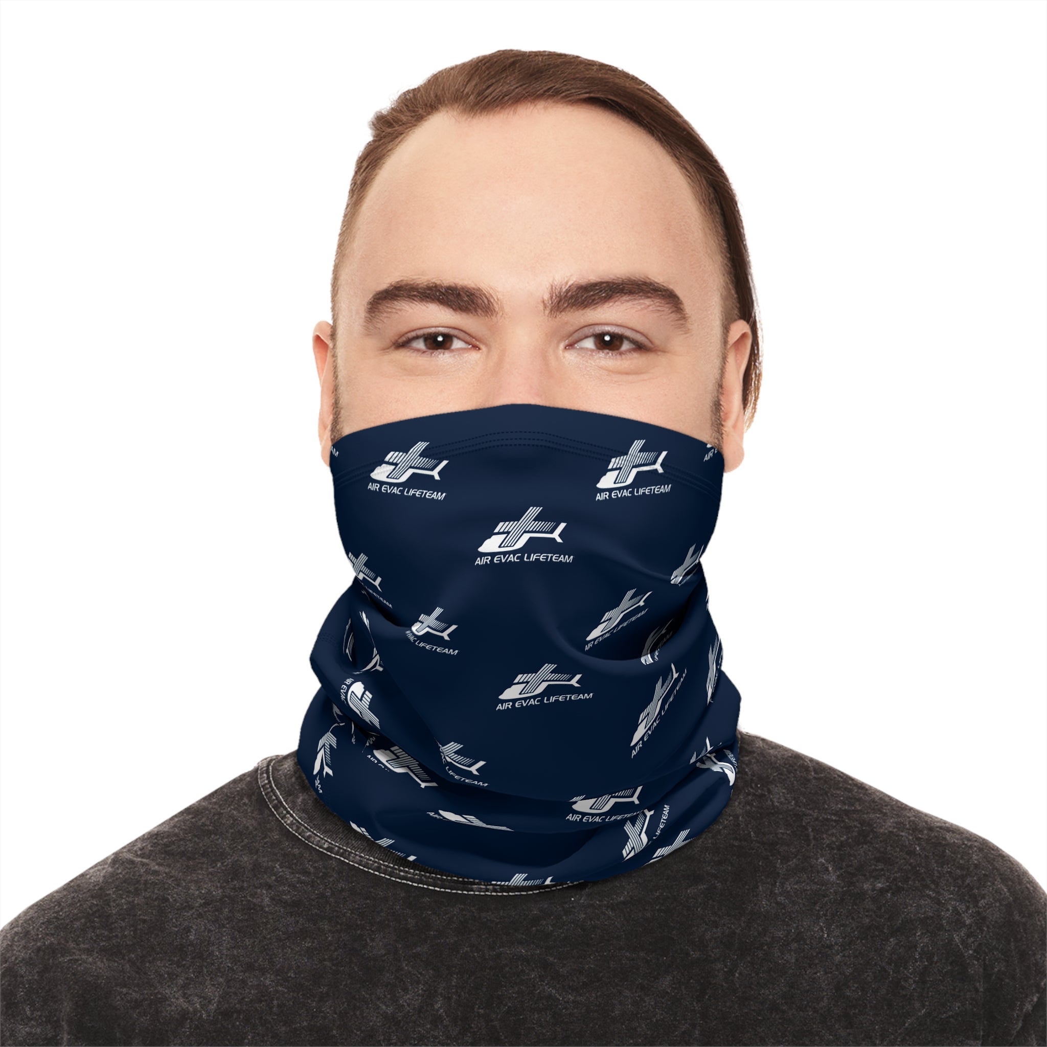 Person wearing a navy blue neck gaiter with white Air Evac Lifeteam logos on a white background