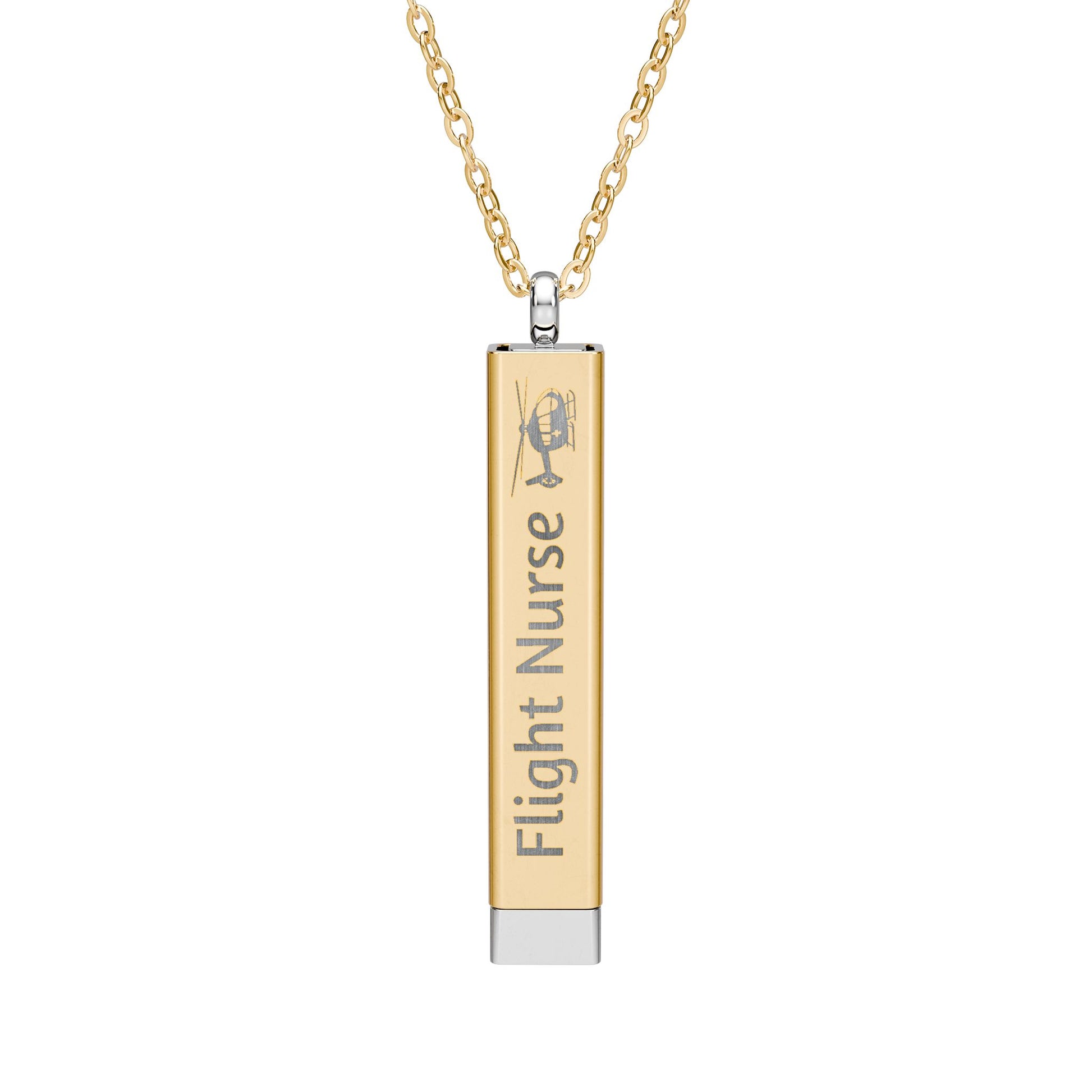 Silver and gold two-toned necklace with a cylindrical pendant engraved with 'flight nurse' with hidden interior engraving "Fly Safe. Come home." by Rotor Wash & Wear
