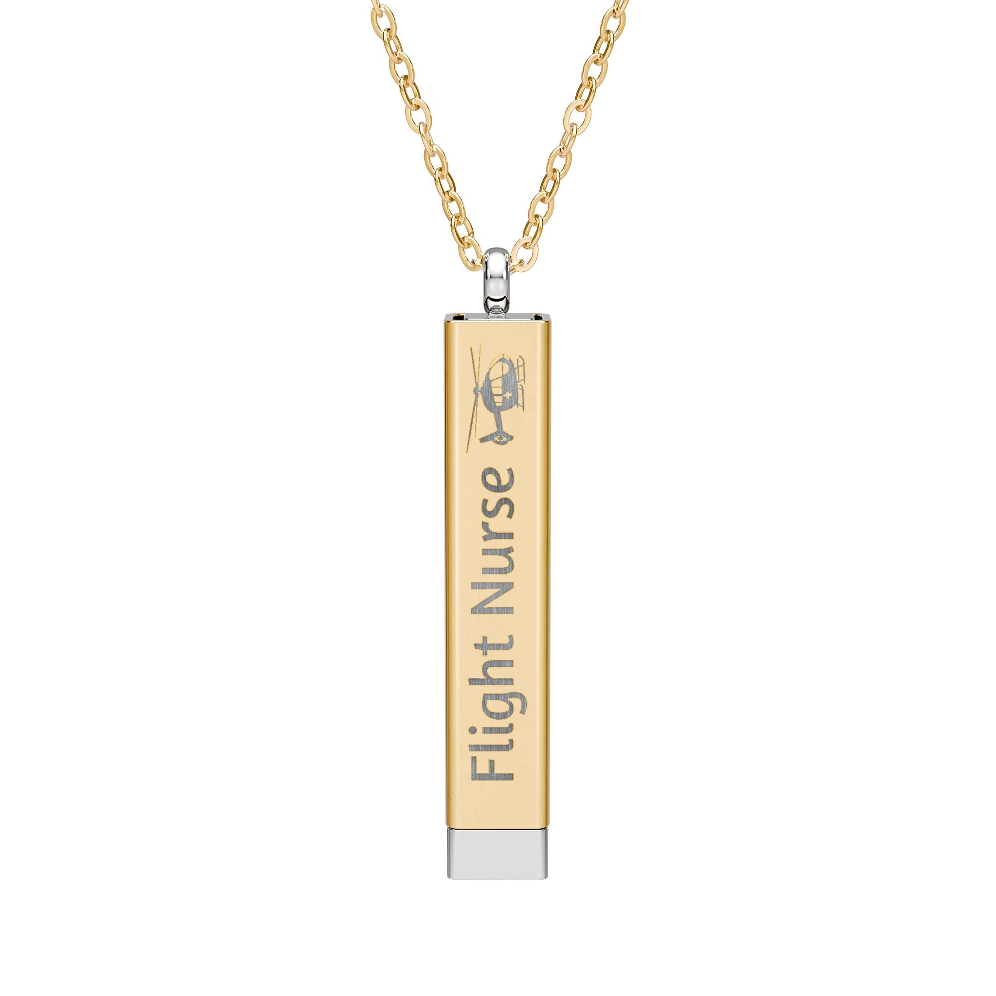 Silver and gold two-toned necklace with a cylindrical pendant engraved with 'flight nurse' with hidden interior engraving "Fly Safe. Come home." by Rotor Wash & Wear