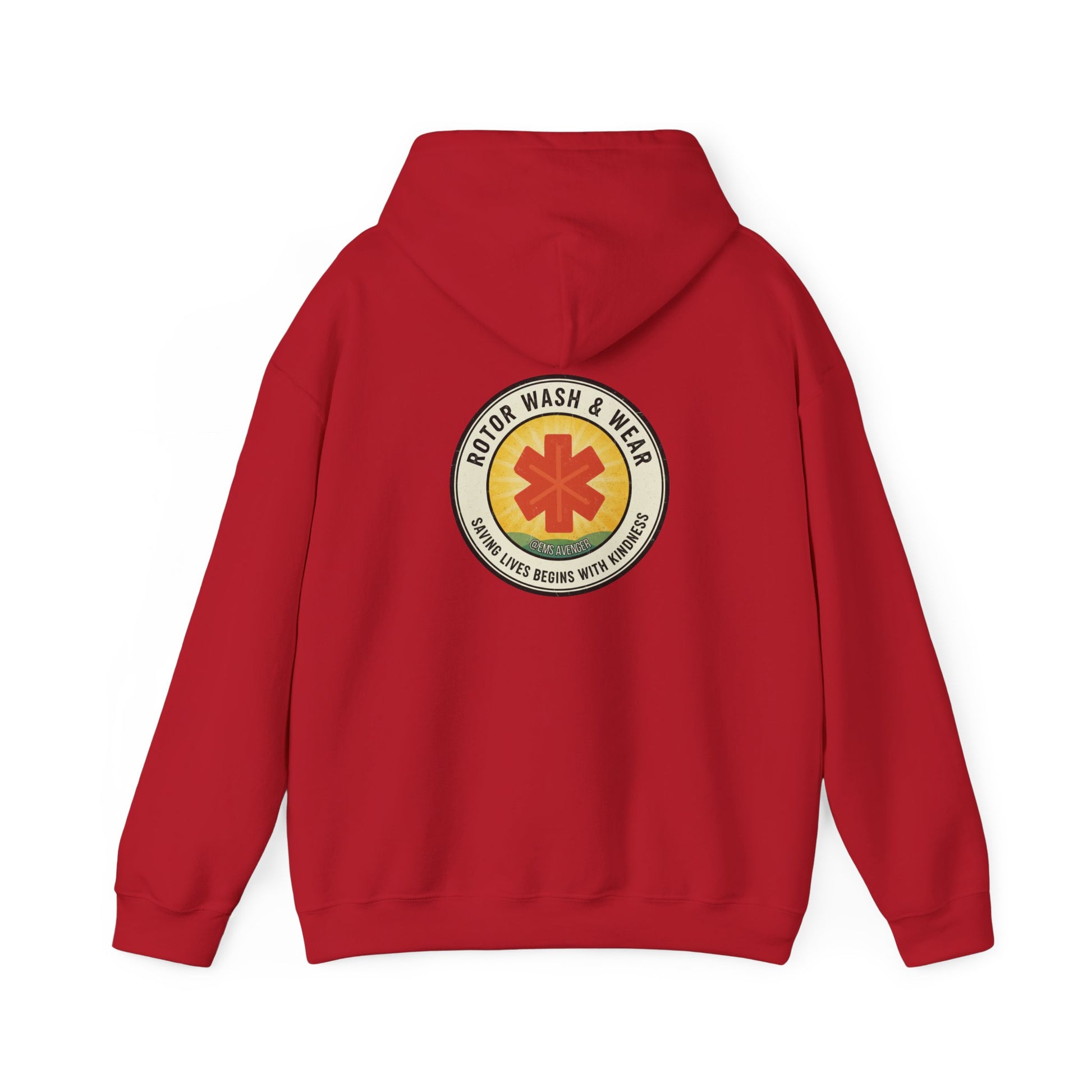 Red hoodie with a logo on the back of Rotor Wash & Wear and "saving lives begins with kindness" motto against a white background