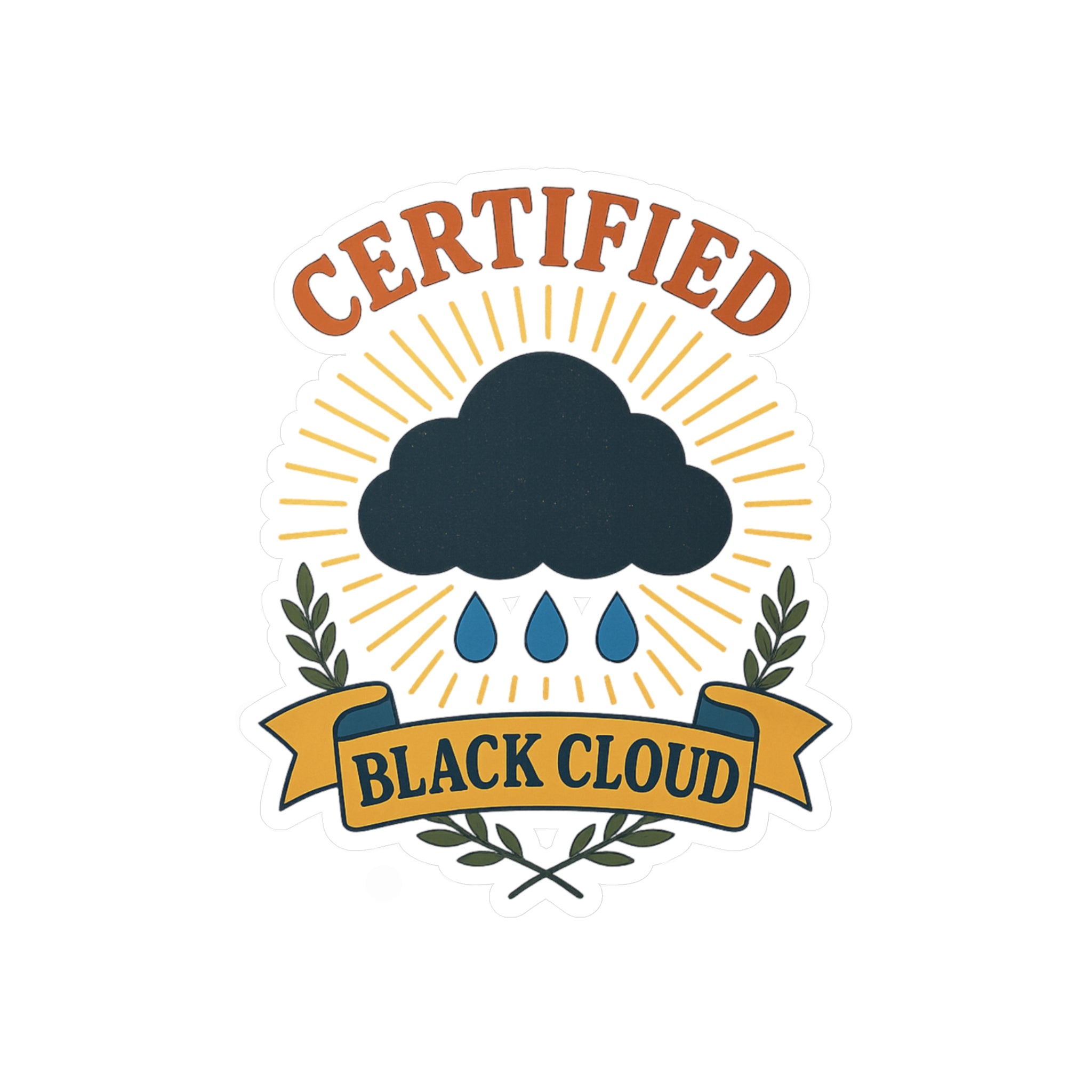 Sticker with a black cloud, raindrops, and 'Certified Black Cloud' text on a white background