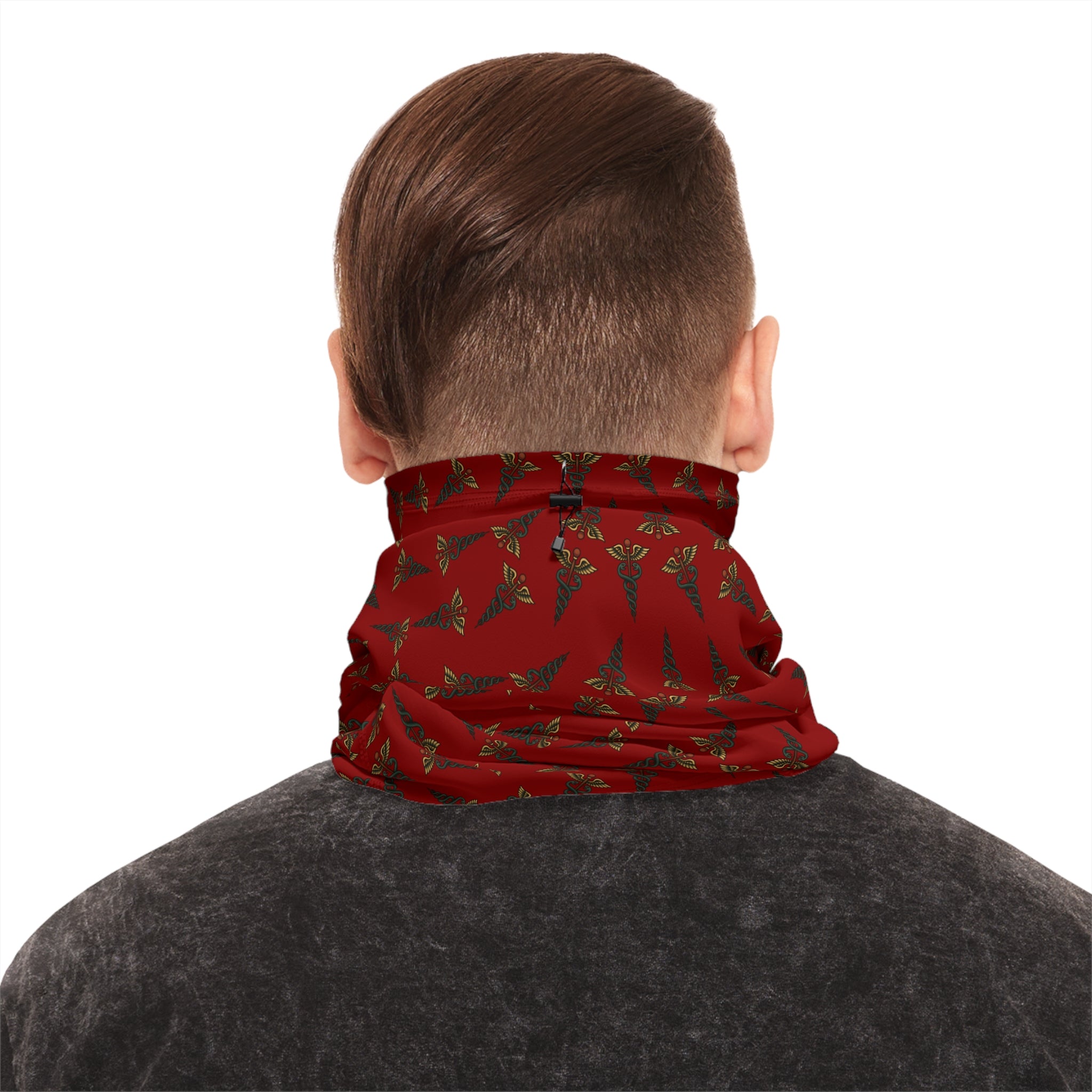 Person wearing red caduceus patterned neck gaiter by Rotor Wash & Wear