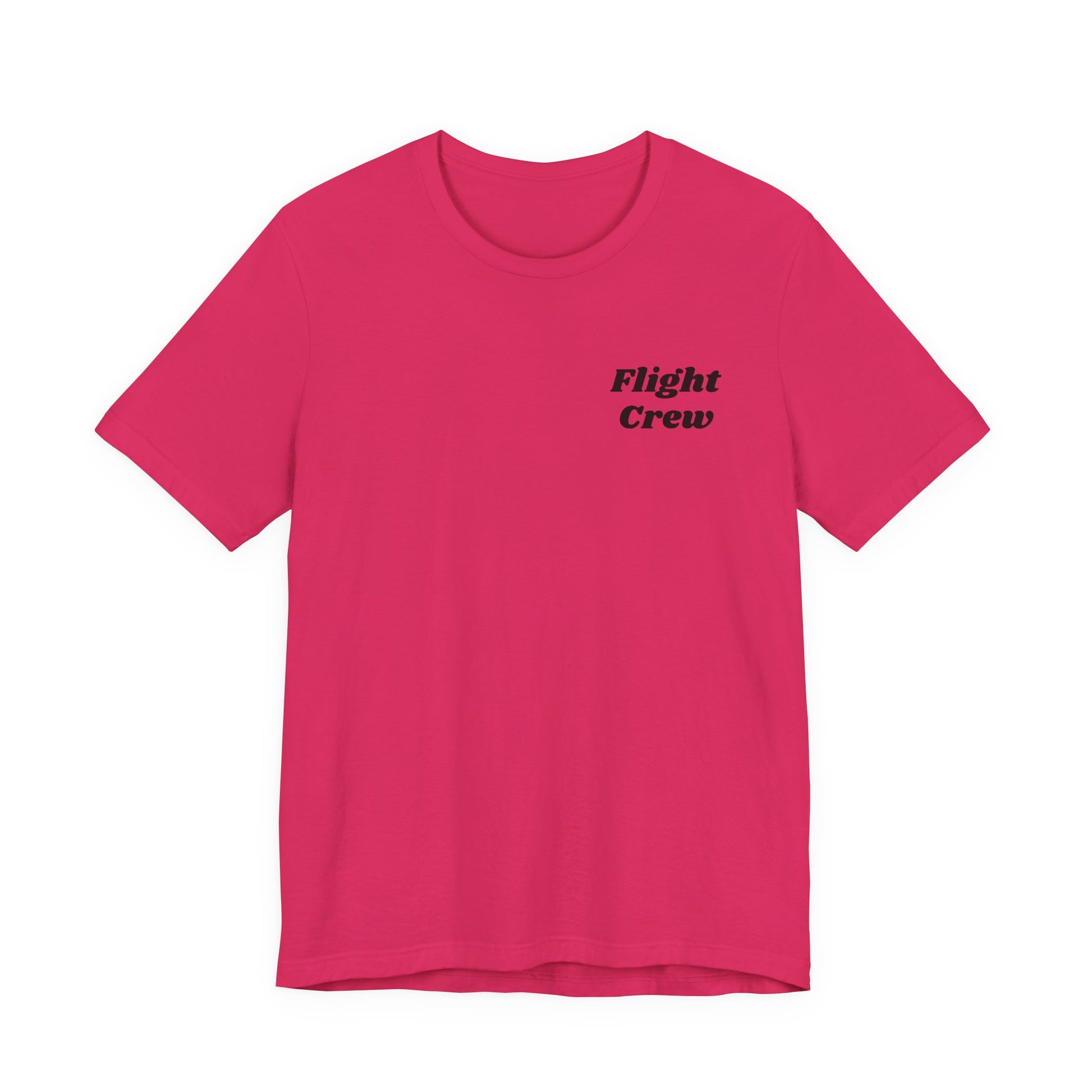 Pink t-shirt with 'Flight Crew' text on a white background