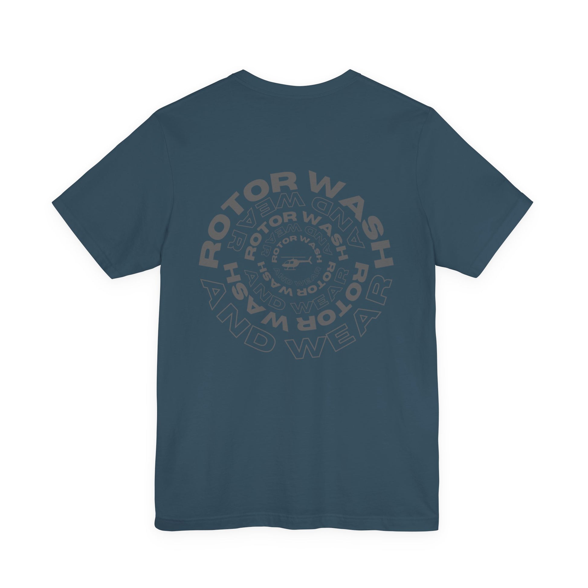 Deep teal t-shirt with 'Rotor Wash and Wear' circular design text design on a white background