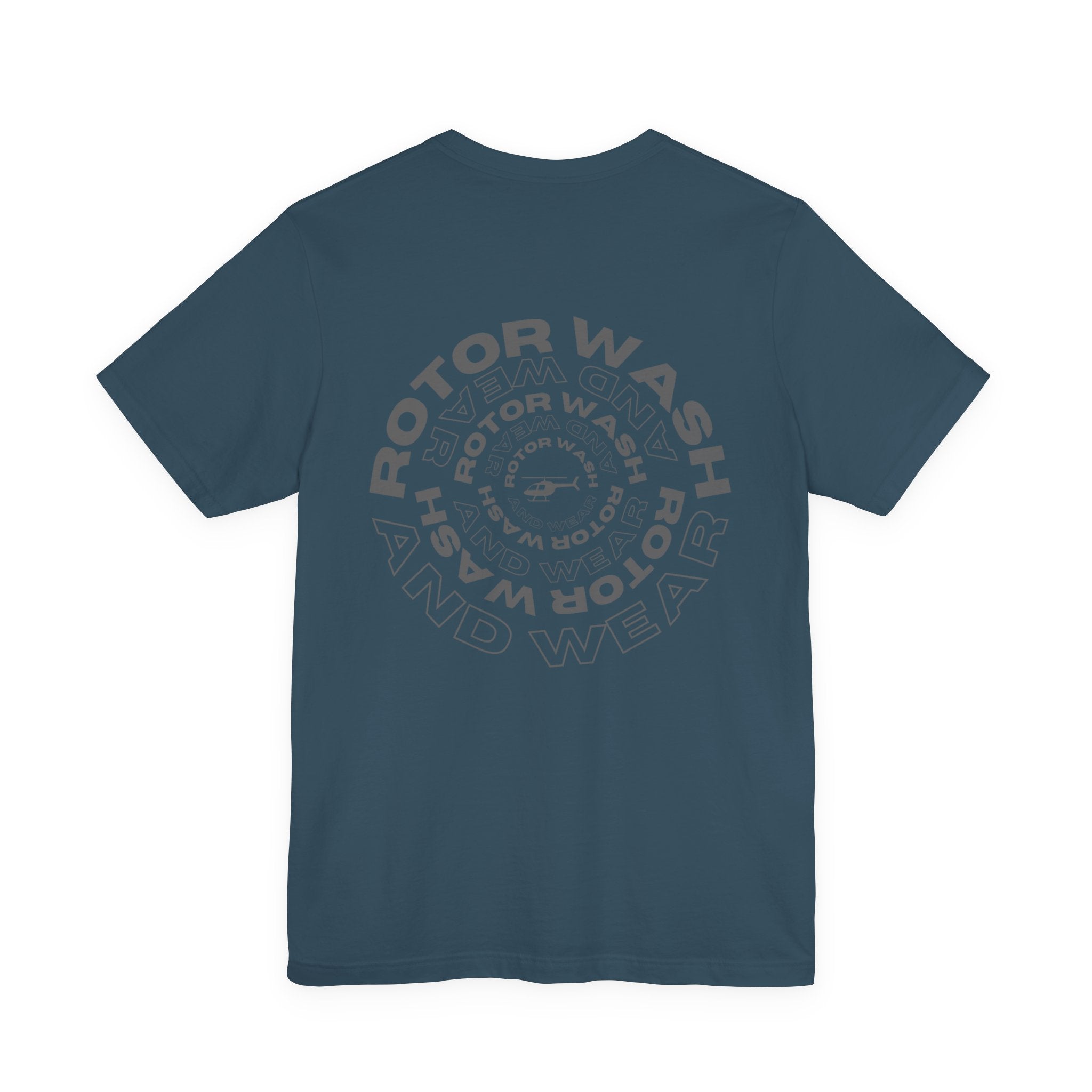 Deep teal t-shirt with 'Rotor Wash and Wear' circular design text design on a white background