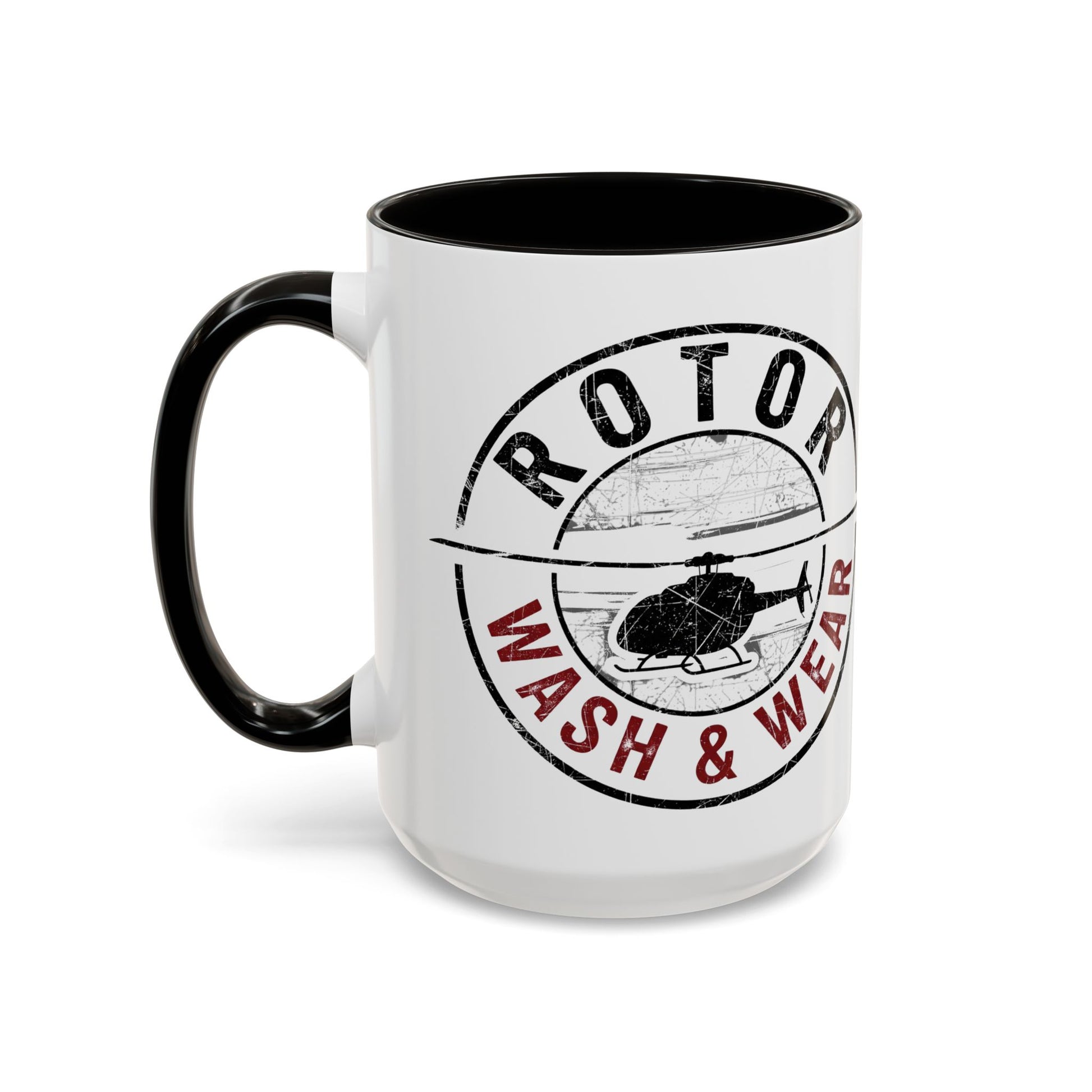 White mug with black interior and handle, featuring a helicopter graphic and text 'Rotor Wash & Wear' on a white background.