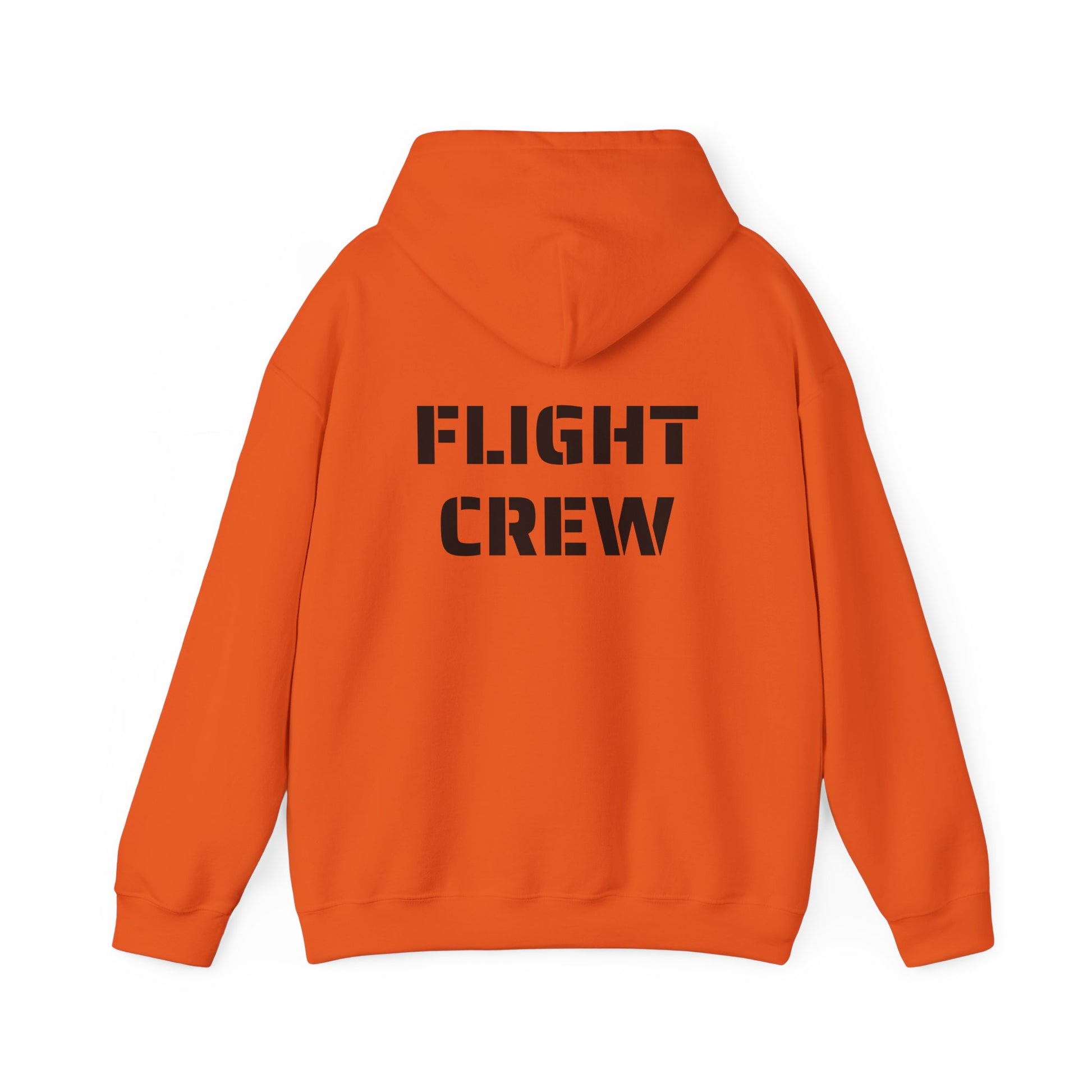 Orange hoodie with 'FLIGHT CREW' text on the back against a white background