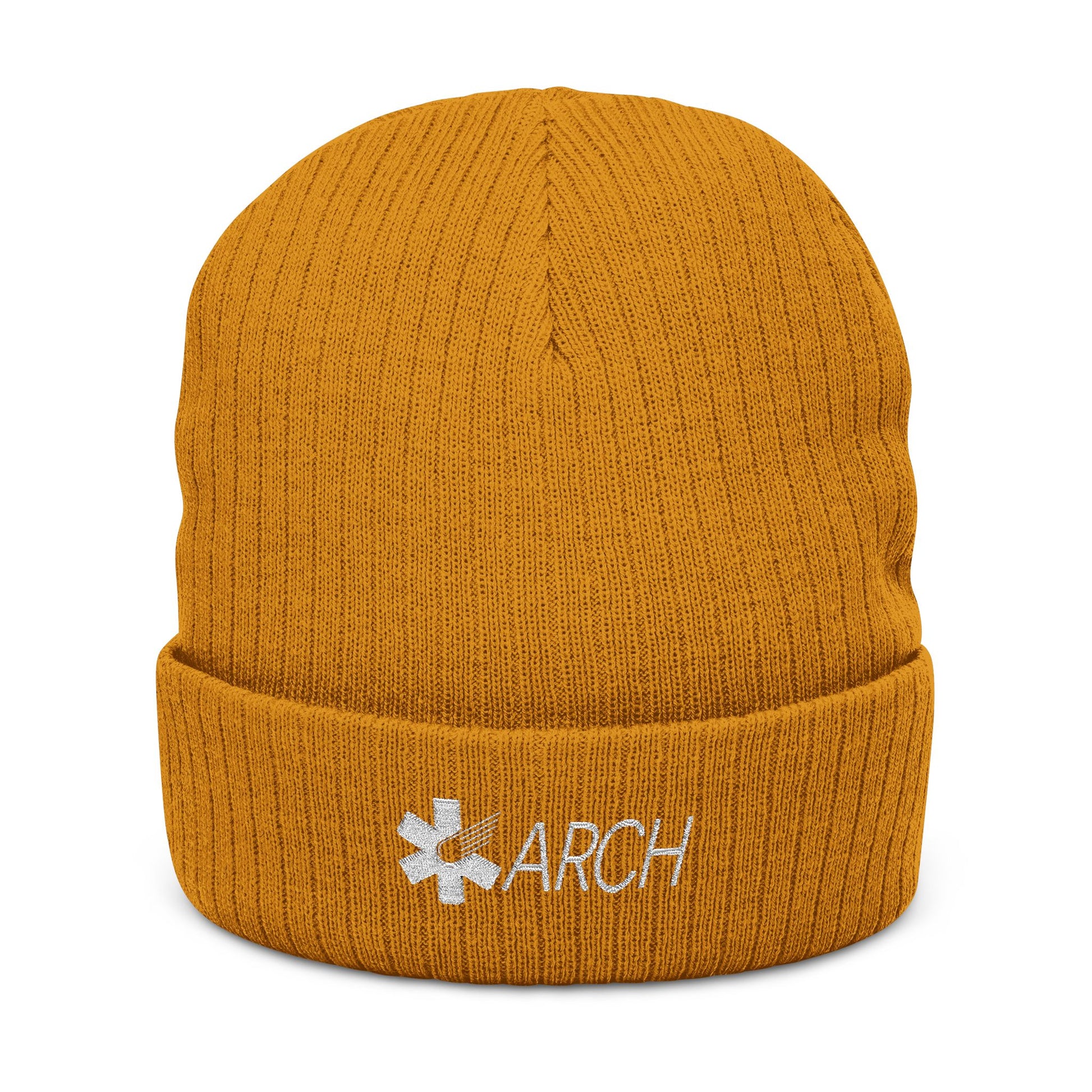 Orange knit beanie with embroidered 'ARCH' logo by Rotor Wash & Wear