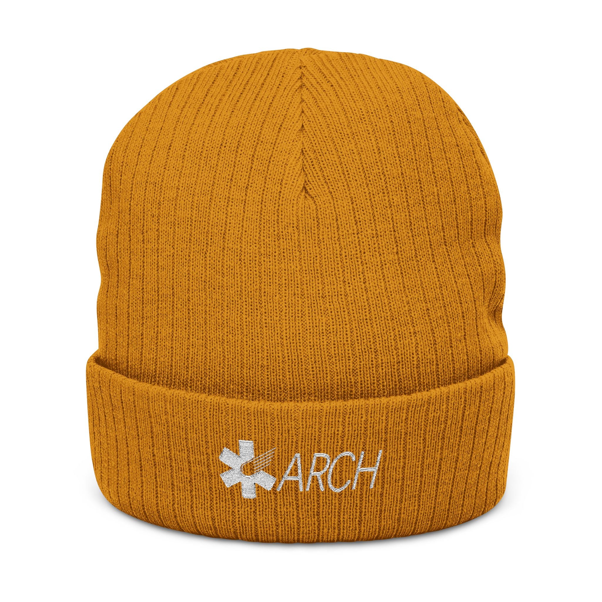 Orange knit beanie with embroidered 'ARCH' logo by Rotor Wash & Wear