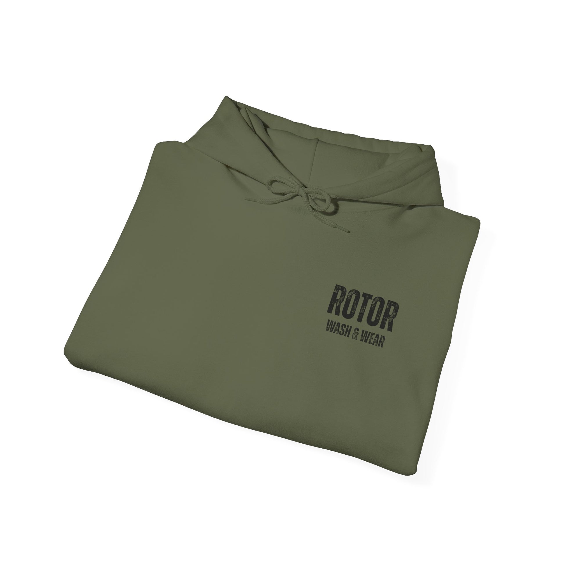 Folded green hoodie with 'ROTOR WASH & WEAR' branding on a white background