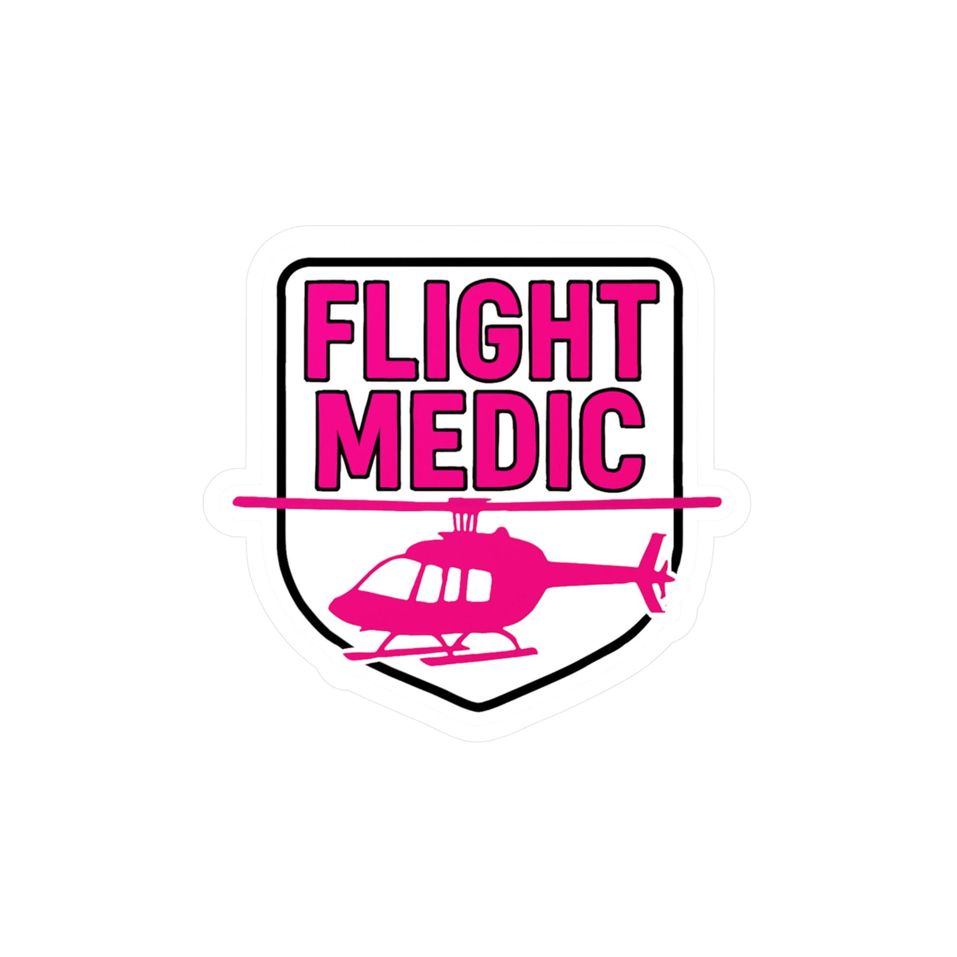 Black, white, and hot pink sticker with 'FLIGHT MEDIC' text and a helicopter on a white background