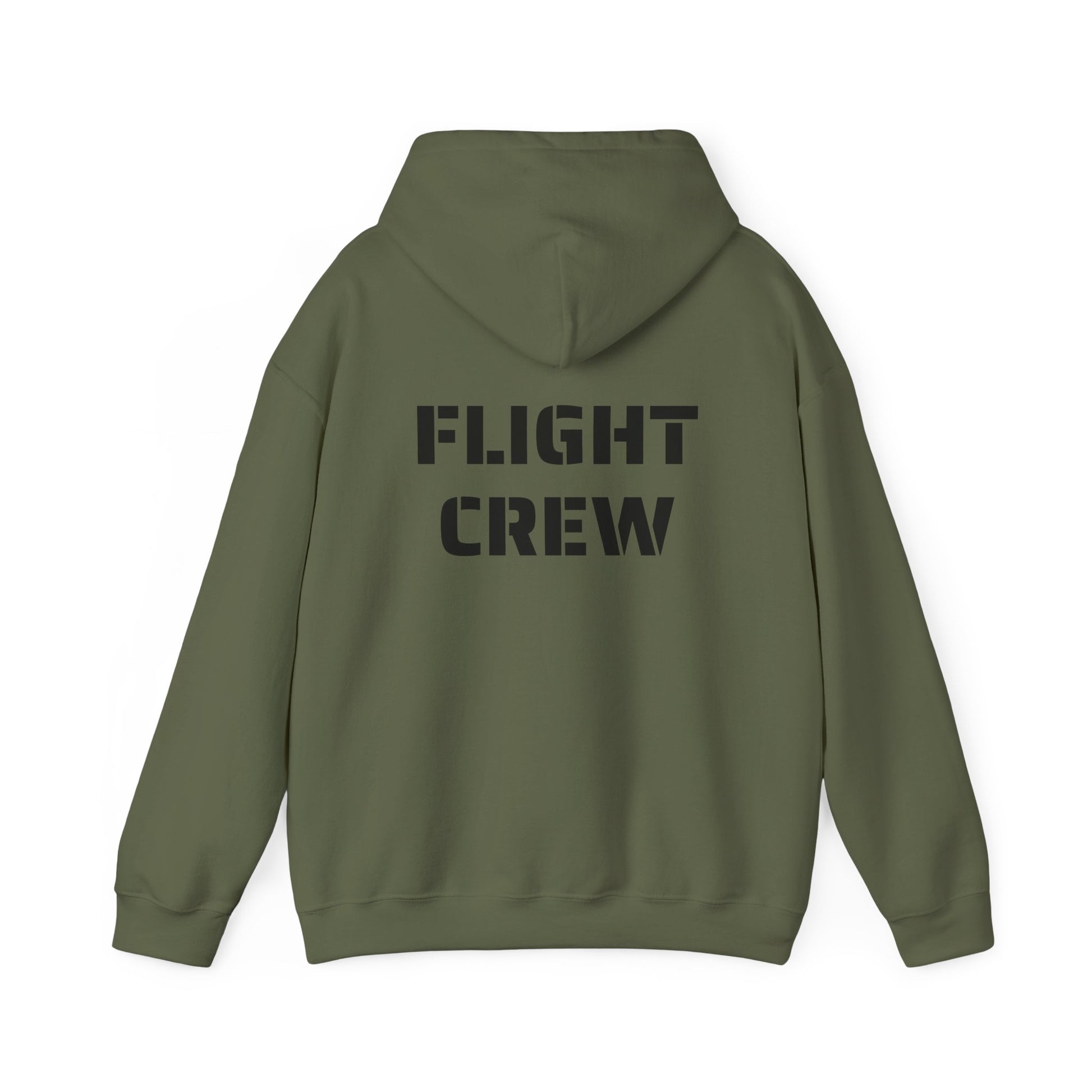 Green hoodie with 'FLIGHT CREW' text on the back against a white background