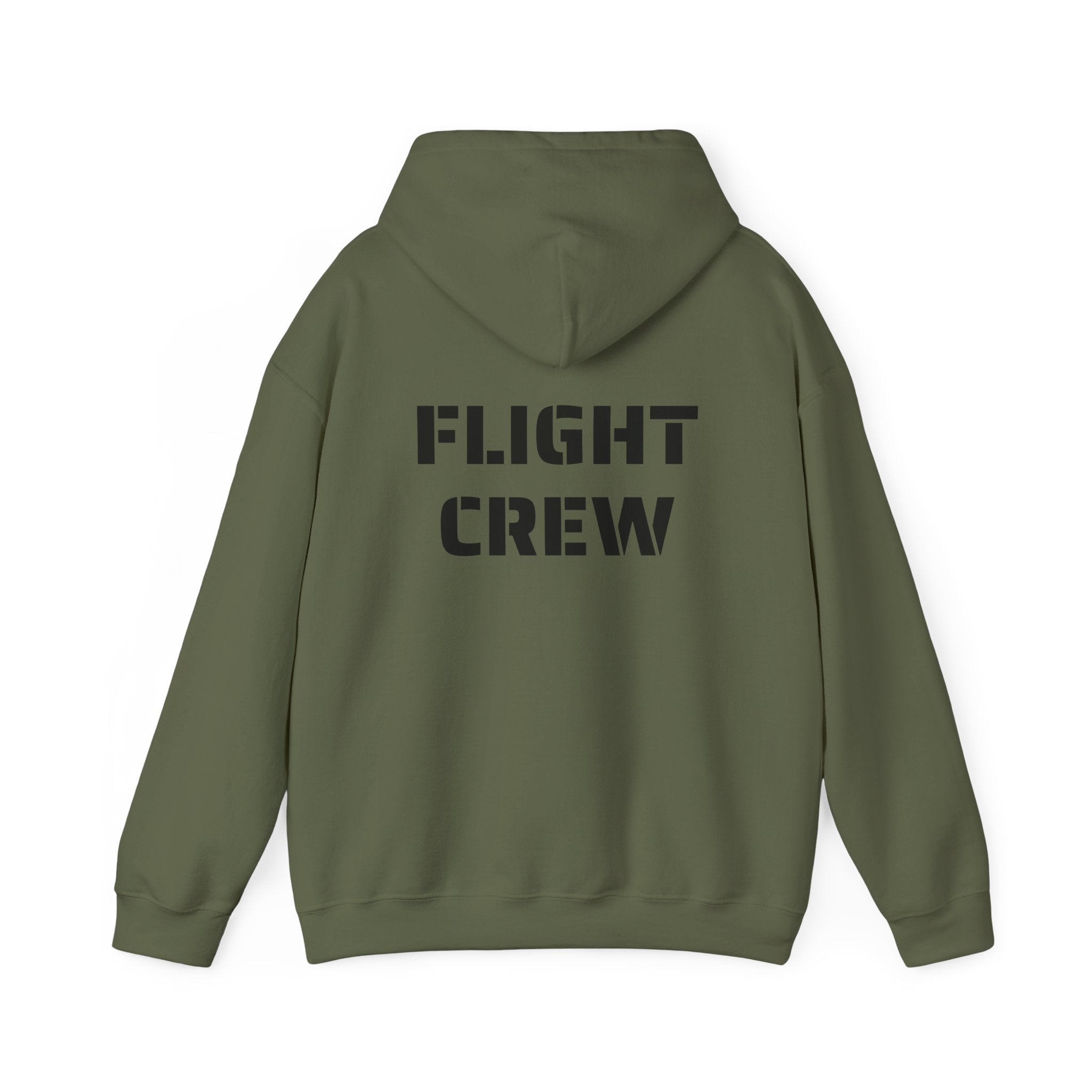 Green hoodie with 'FLIGHT CREW' text on the back against a white background