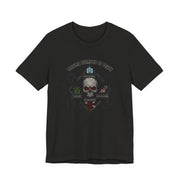 Black t-shirt with a graphic design featuring a skull and text of the "Trauma diamond of death" by Rotor Wash & Wear