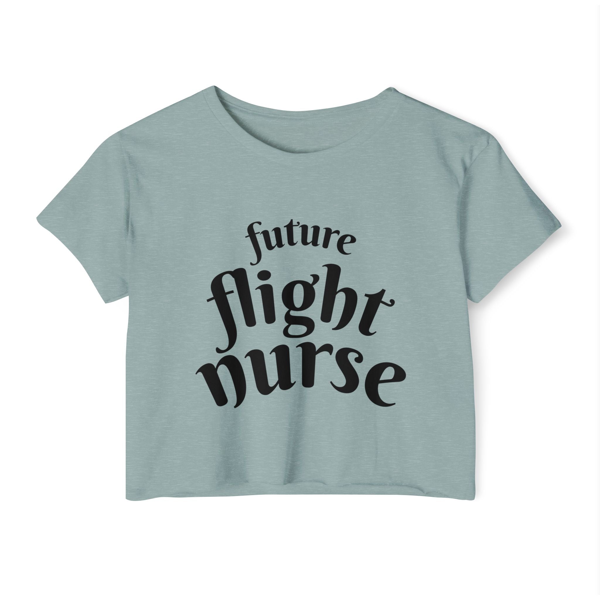 Light green crop top with &#39;future flight nurse&#39; text on a white background
