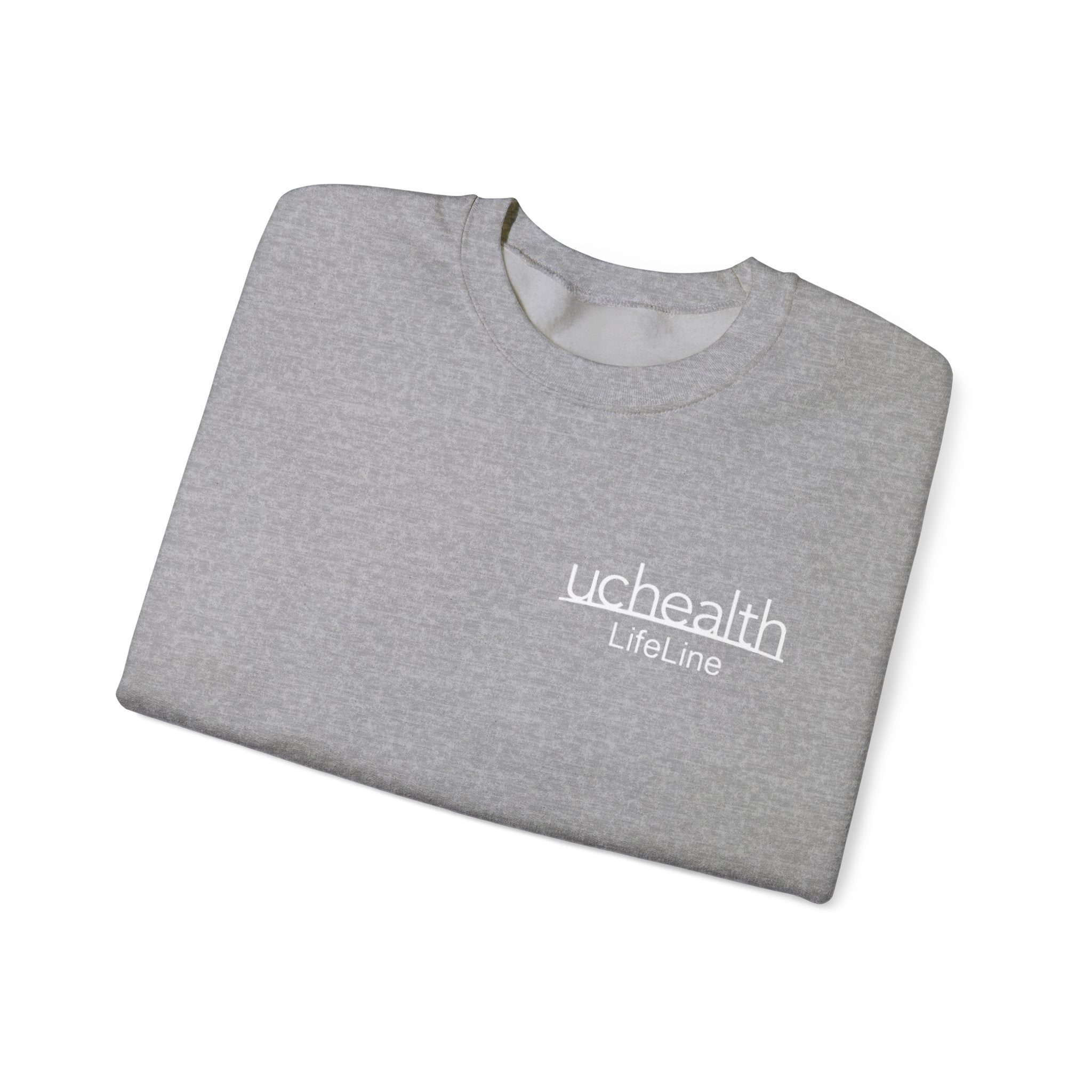 Folded gray sweatshirt with 'uchealth LifeLine' logo on a white background