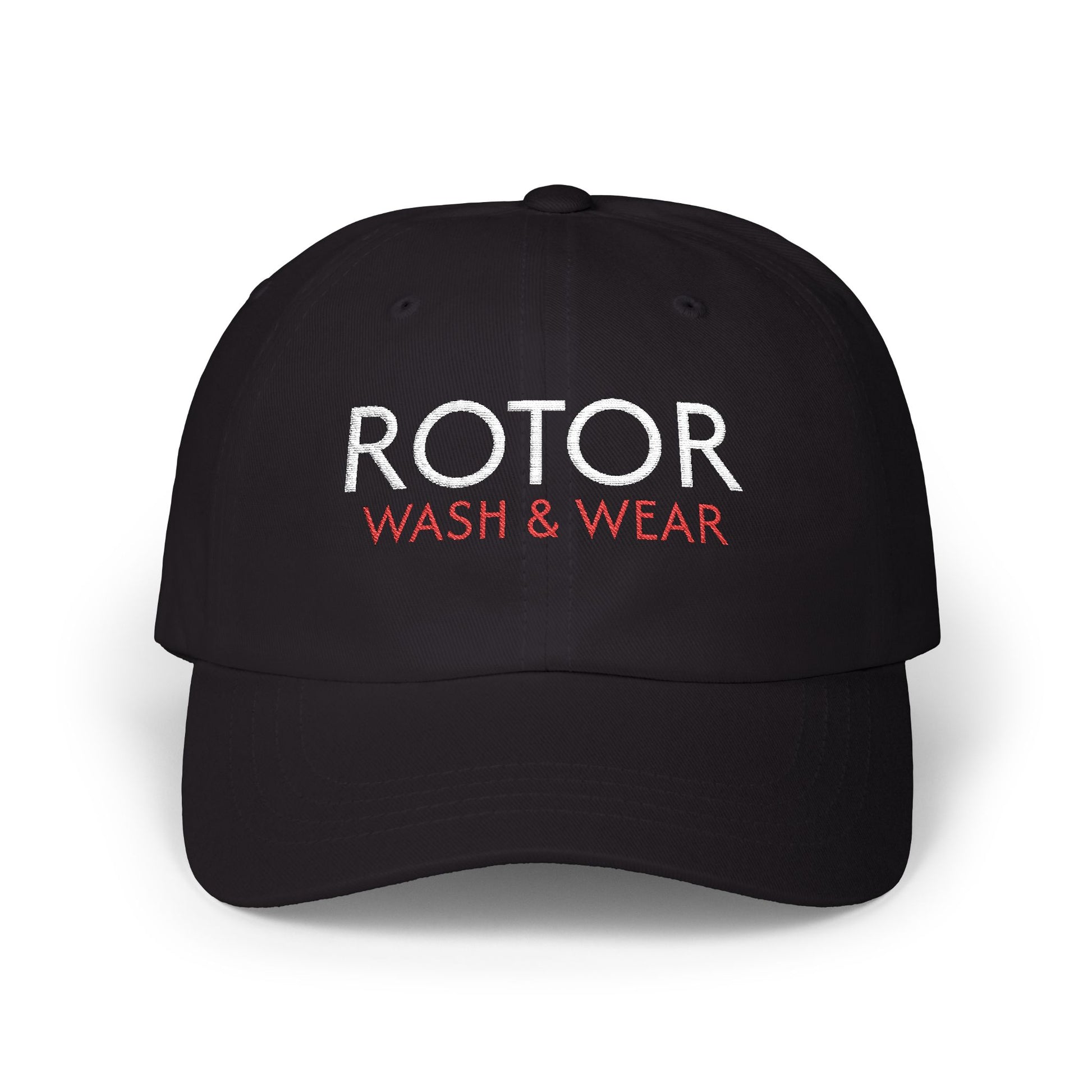 Black cap with 'ROTOR WASH & WEAR' text on a white background