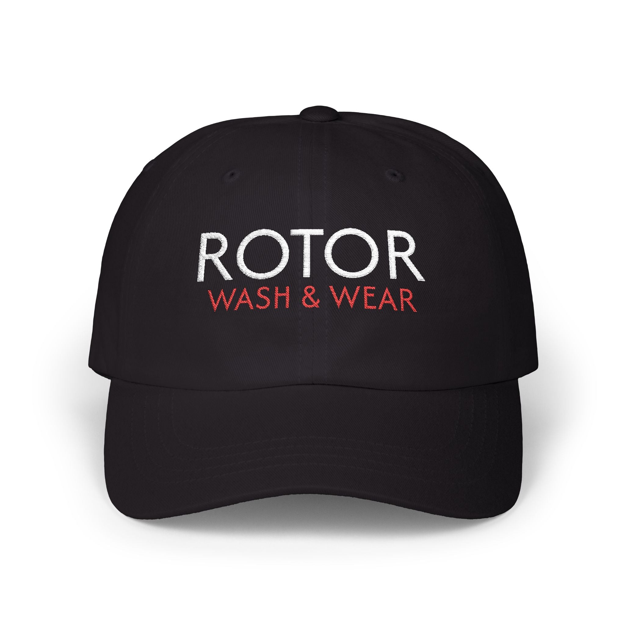 Black cap with 'ROTOR WASH & WEAR' text on a white background