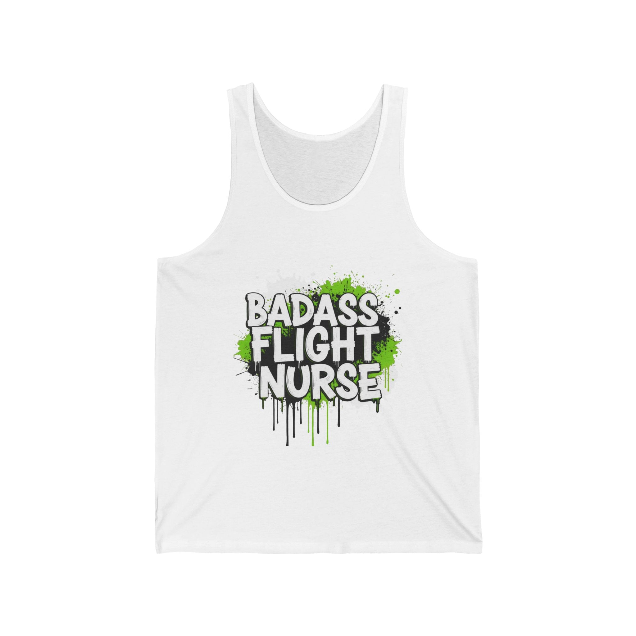 White tank top with 'BADASS FLIGHT NURSE' text and green splashes on a white background