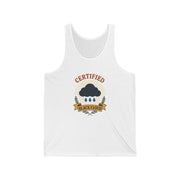 White tank top with a graphic design of an award with a black cloud and text "Certified Black Cloud" on a white background
