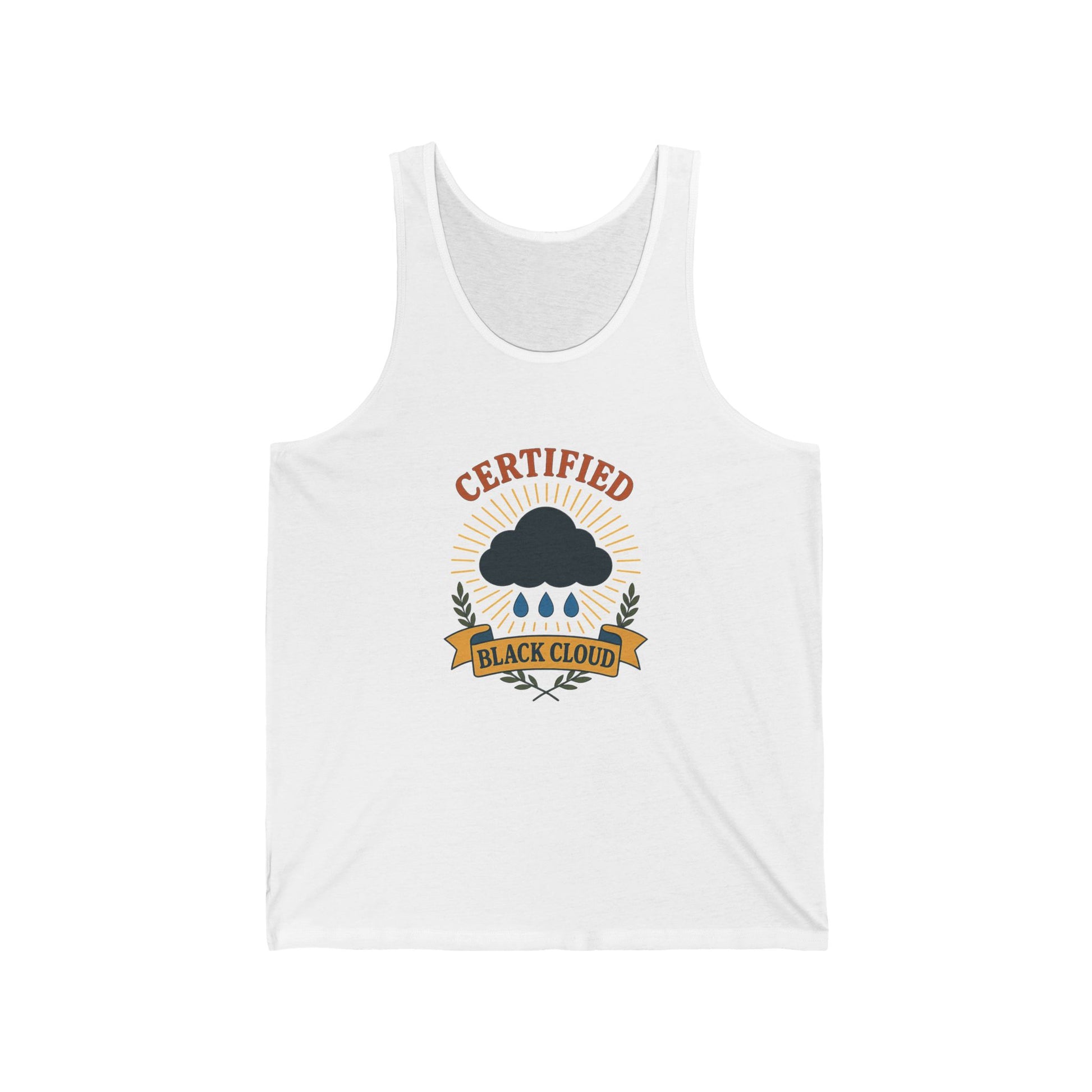 White tank top with a graphic design of an award with a black cloud and text "Certified Black Cloud" on a white background