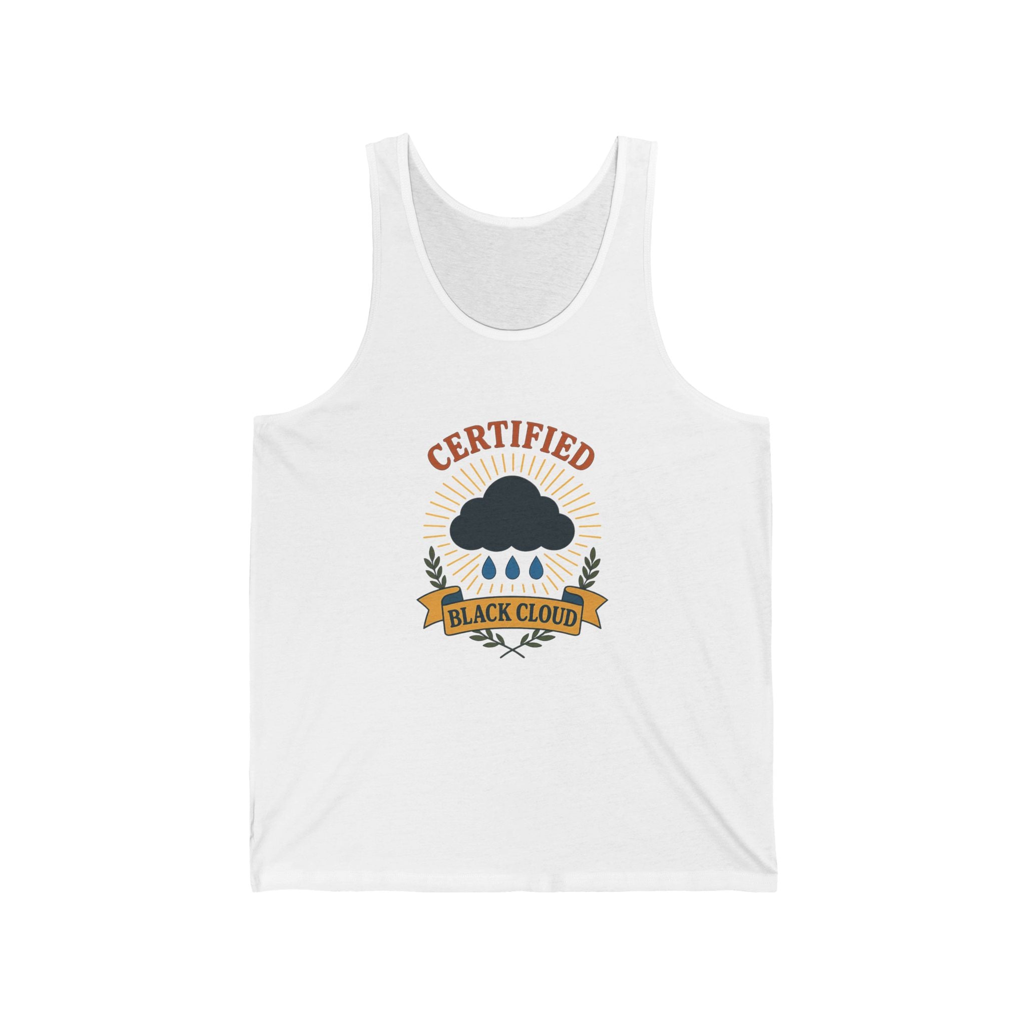 White tank top with a graphic design of an award with a black cloud and text "Certified Black Cloud" on a white background