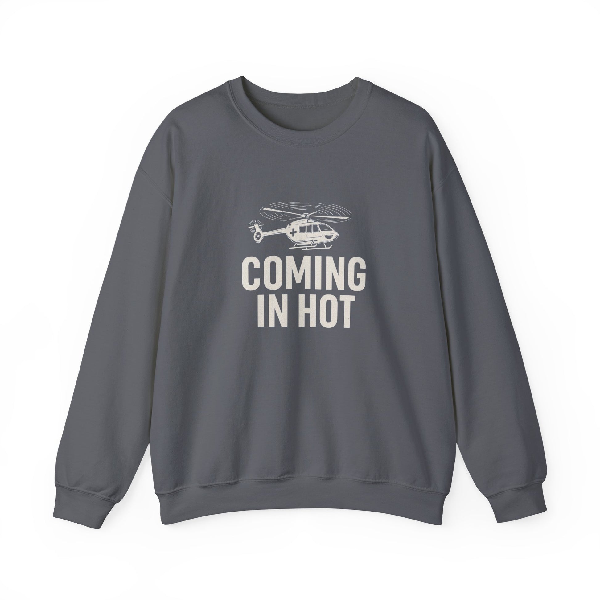 Gray sweatshirt with helicopter graphic and text 'COMING IN HOT' by Rotor Wash & Wear
