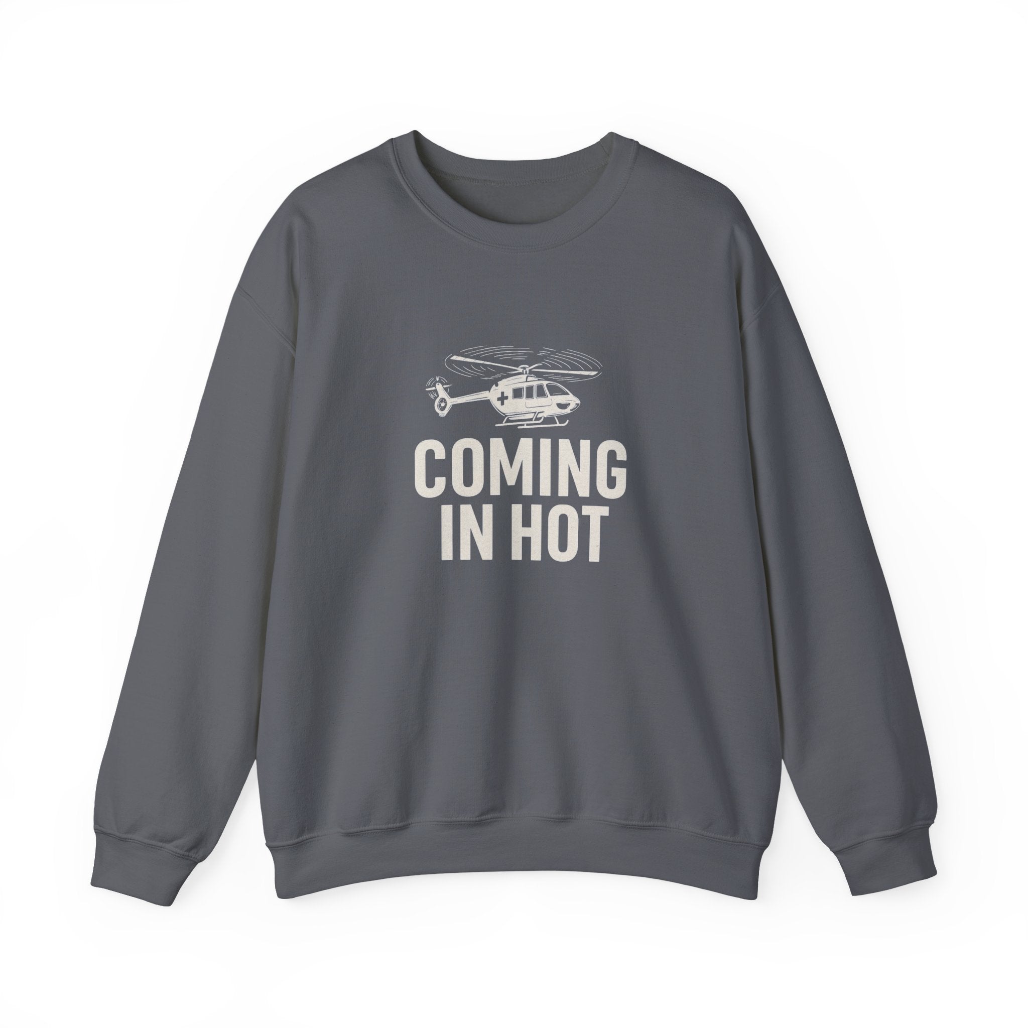 Gray sweatshirt with helicopter graphic and text 'COMING IN HOT' by Rotor Wash & Wear
