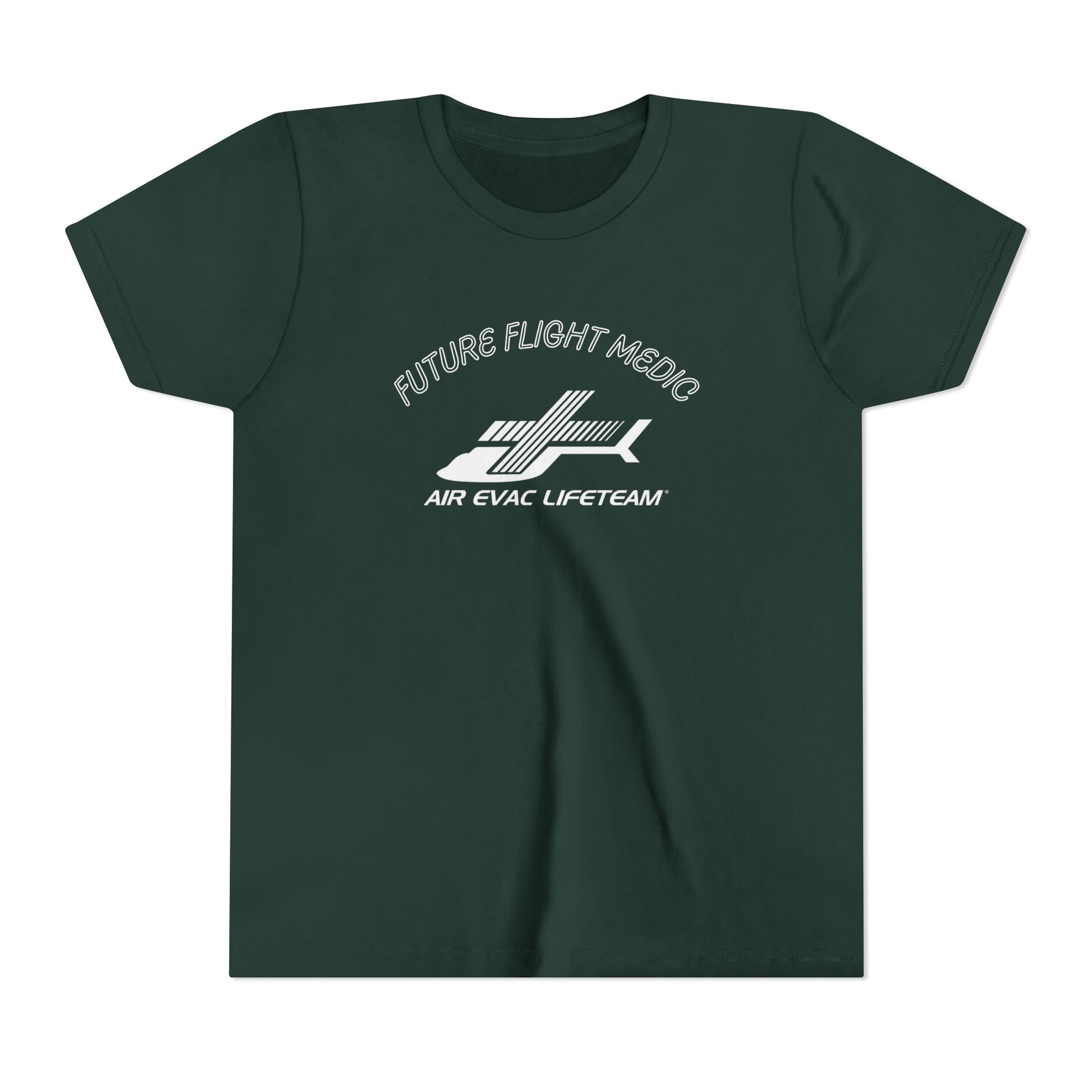 Dark green kid's t-shirt with Air Evac Lifeteam logo and text "Future Flight Medic" by Rotor Wash & Wear