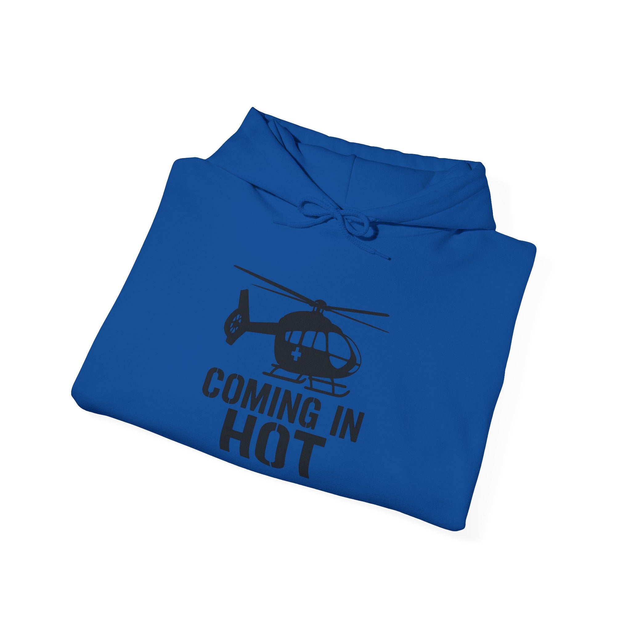 Blue hoodie with helicopter graphic and 'Coming in Hot' text on a white background