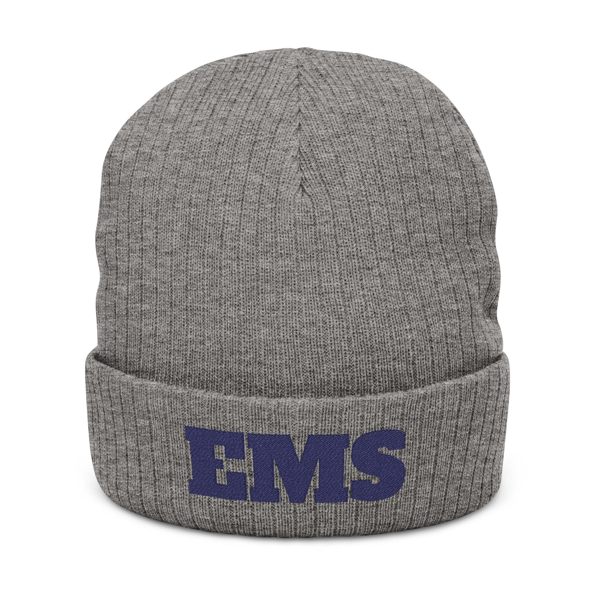 Gray beanie with 'EMS' embroidered on a white background