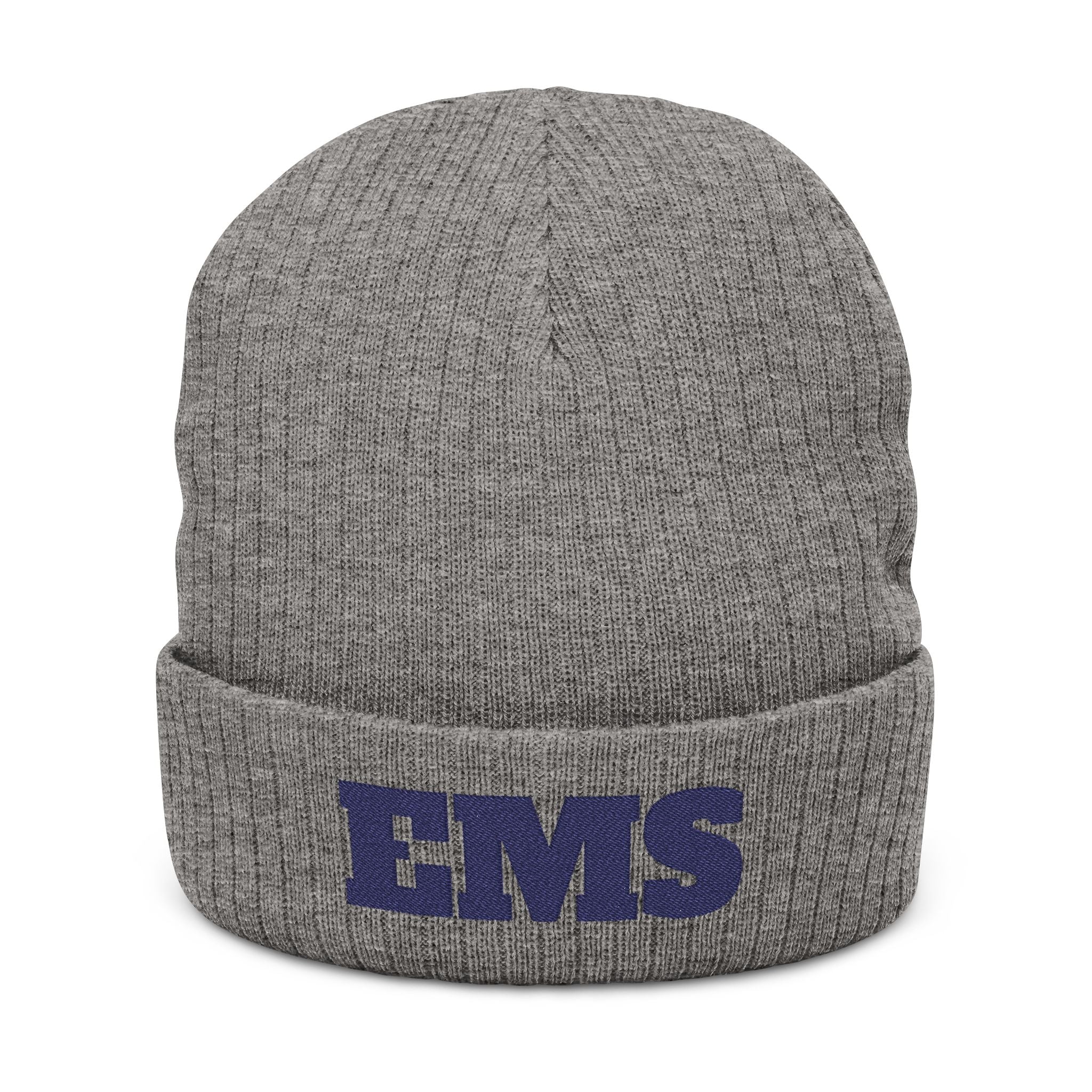 Gray beanie with 'EMS' embroidered on a white background