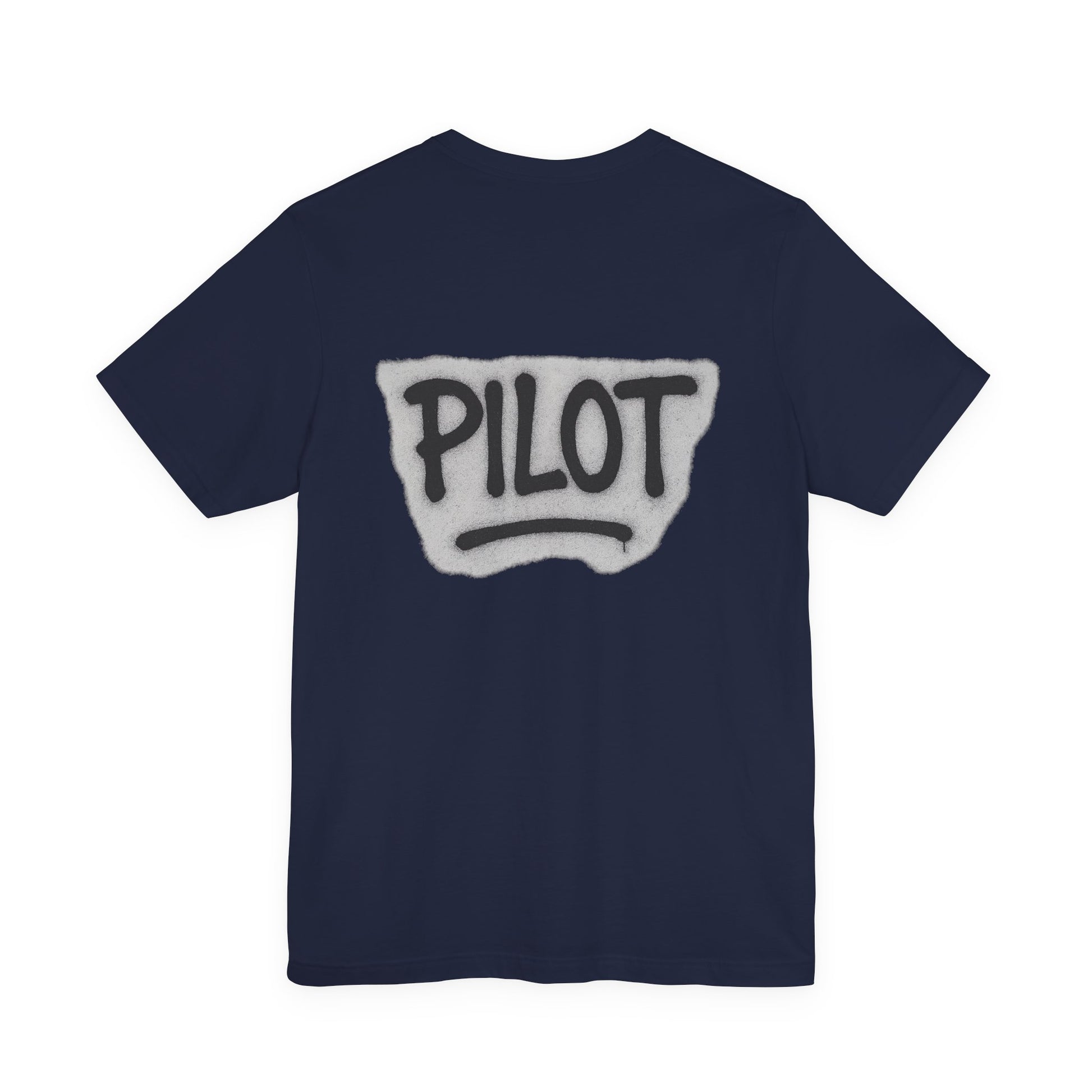 Navy t-shirt with graffiti style 'PILOT' text printed on the back against a white background