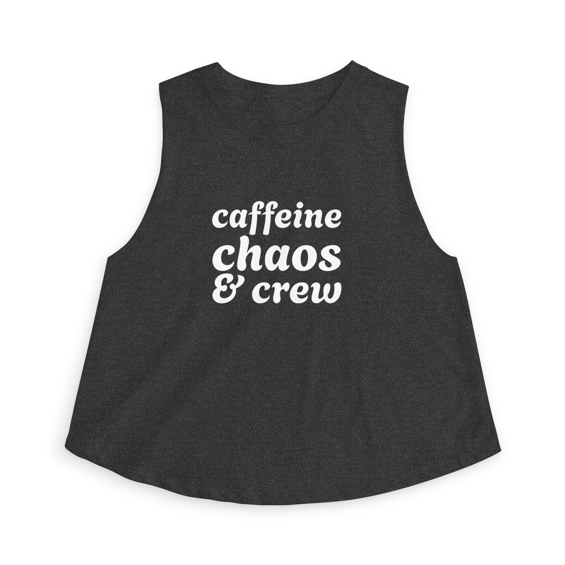 Heather gray sleeveless shirt with 'caffeine chaos & crew' text by Rotor Wash & Wear
