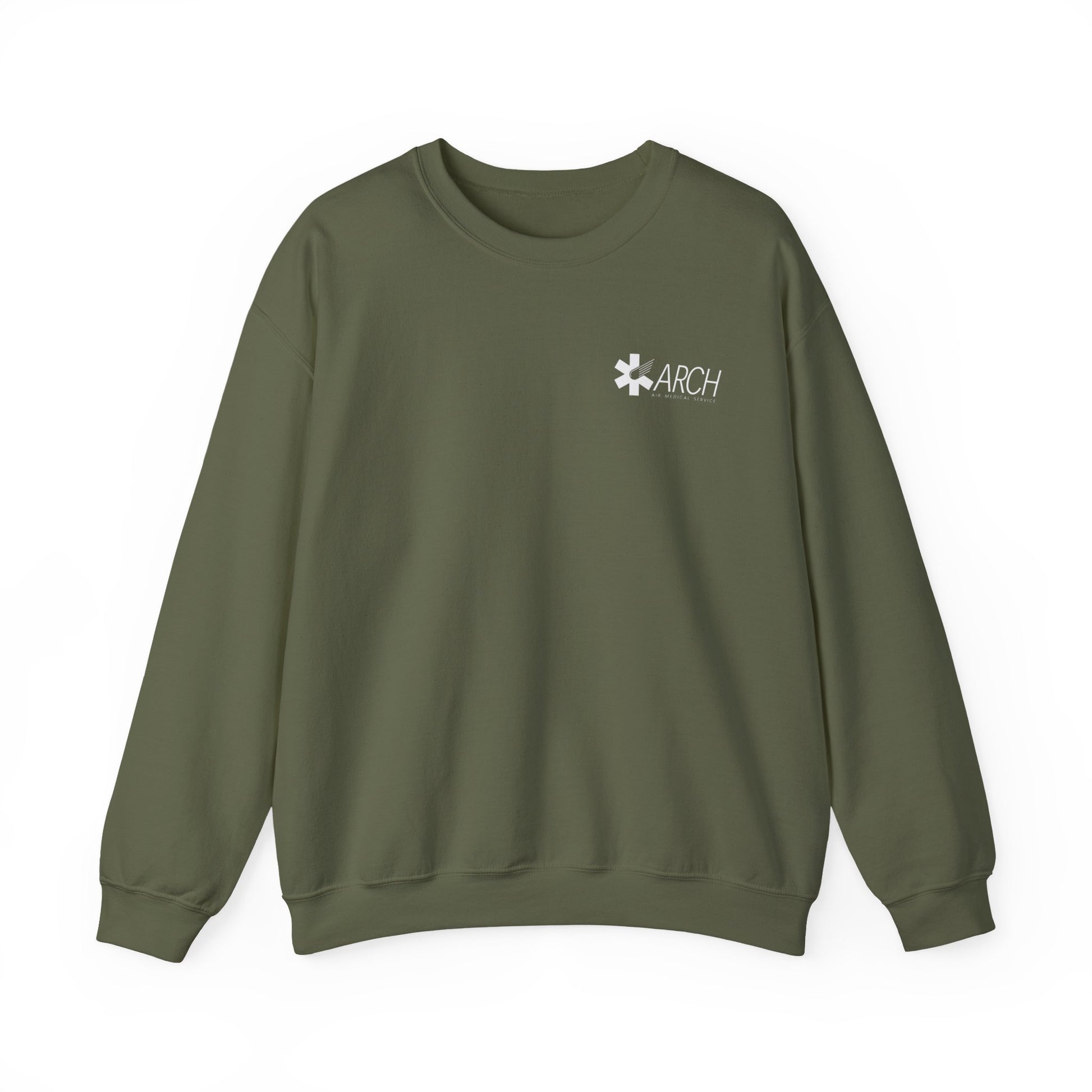 Green crewneck sweatshirt with a small ARCH by Air Methods logo on the left chest by Rotor Wash & Wear