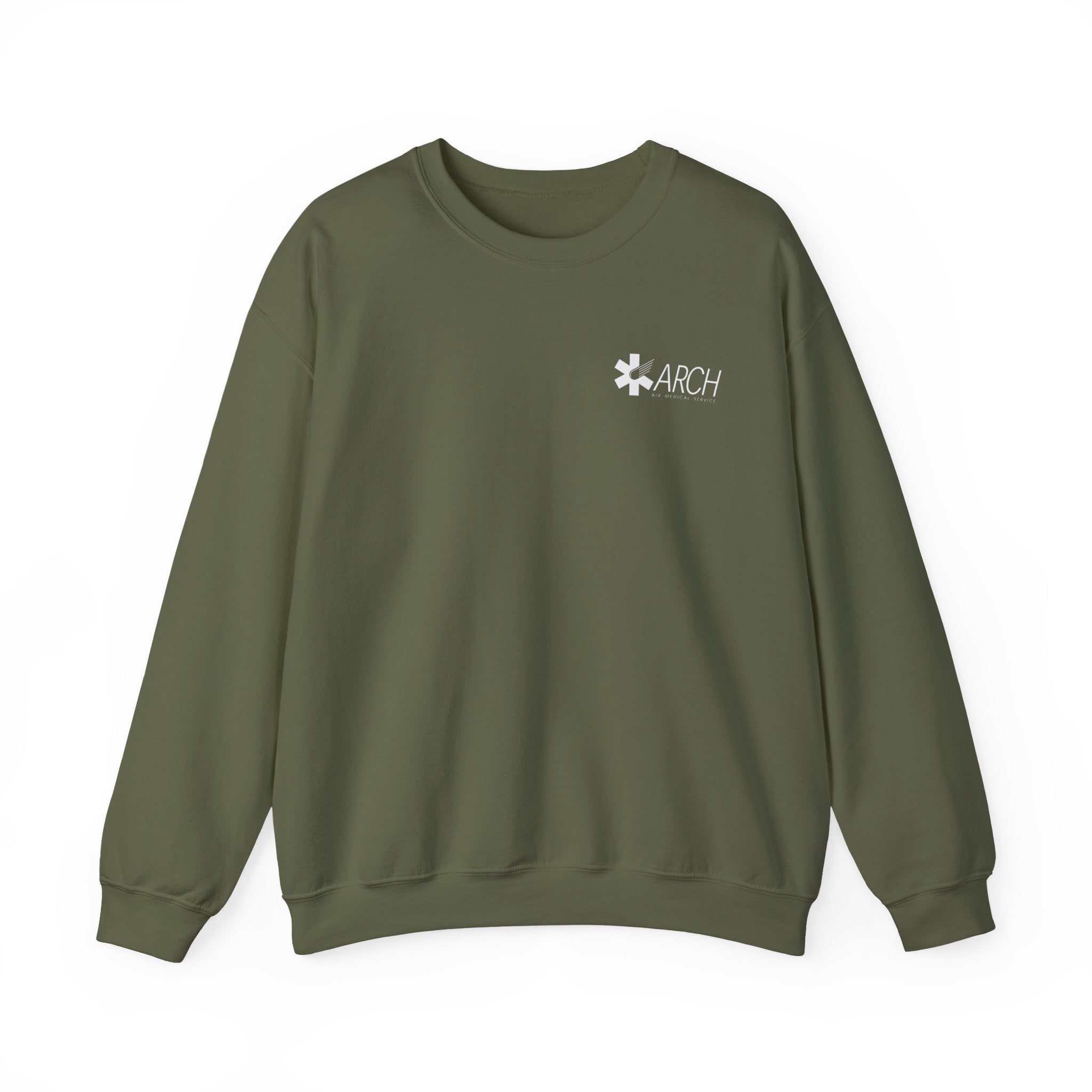 Green crewneck sweatshirt with a small ARCH by Air Methods logo on the left chest by Rotor Wash & Wear