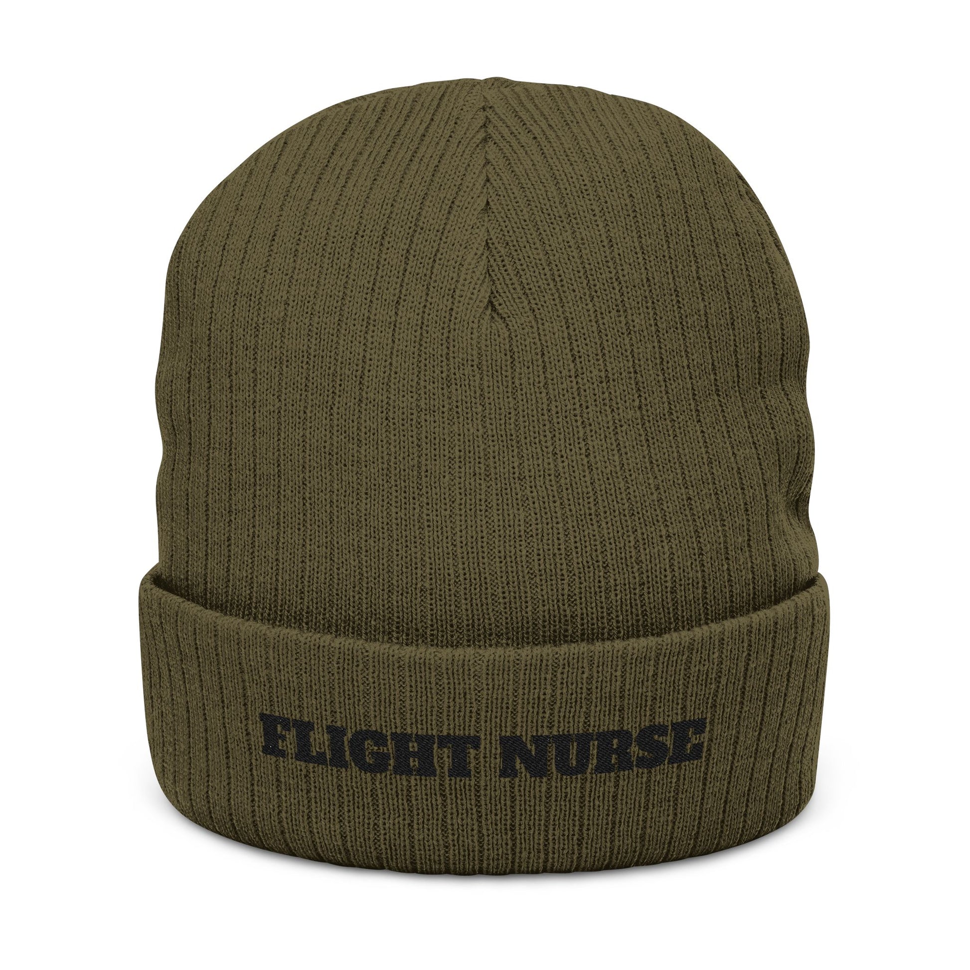 Green beanie with 'FLIGHT NURSE' text on a white background